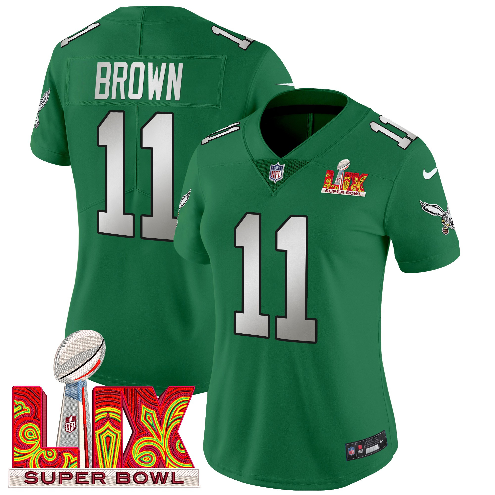 Women's A.J. Brown Philadelphia Eagles Super Bowl LIX Patch Vapor Limited Kelly Green Jersey - All Stitched