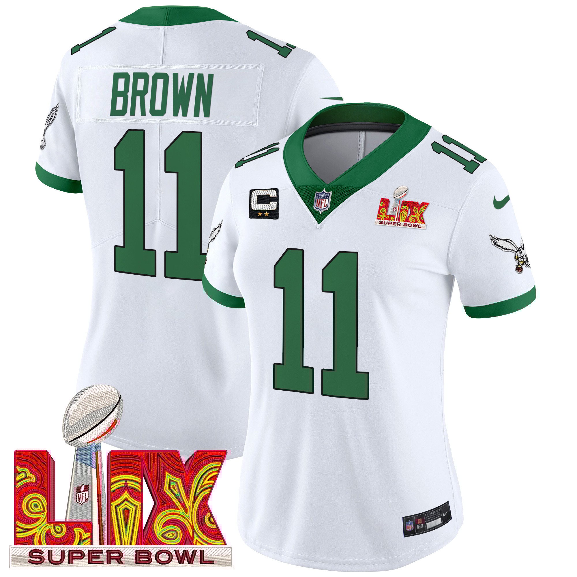Women's A.J. Brown Philadelphia Eagles Super Bowl LIX Patch Vapor Limited Kelly White Jersey - All Stitched