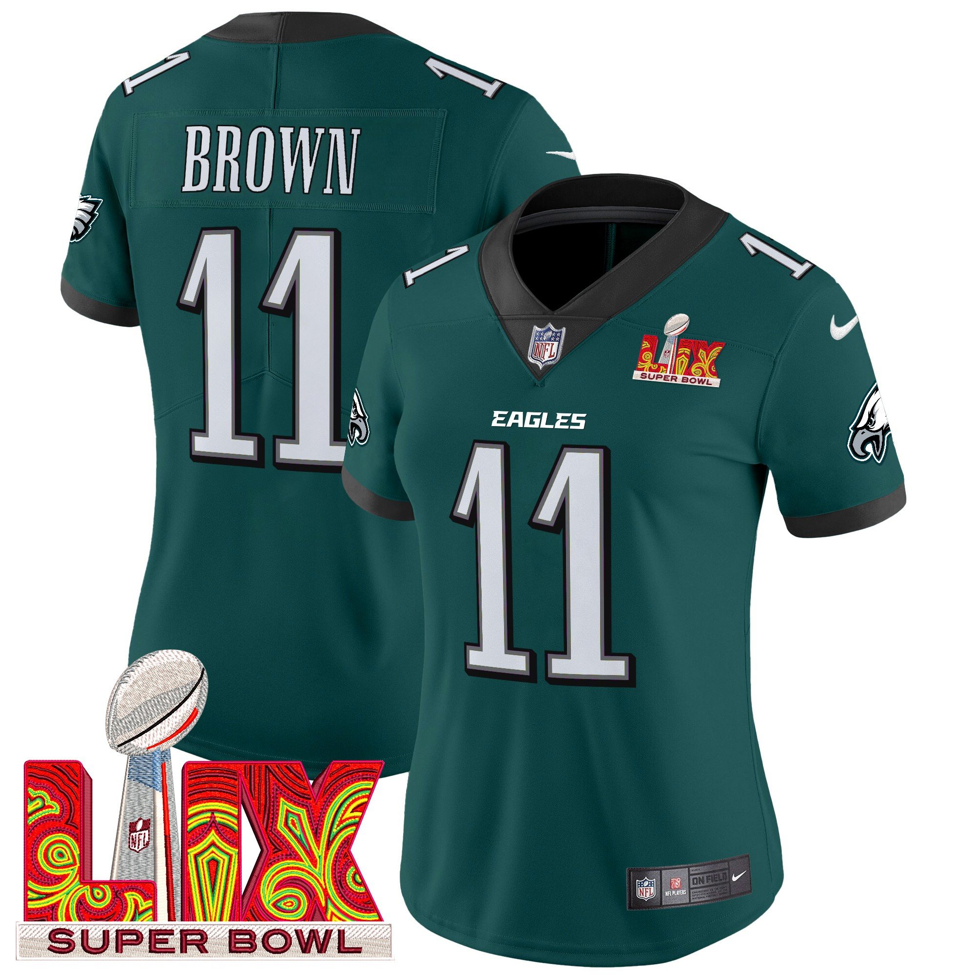 Women's A.J. Brown Philadelphia Eagles Super Bowl LIX Patch Vapor Limited Midnight Green Jersey - All Stitched
