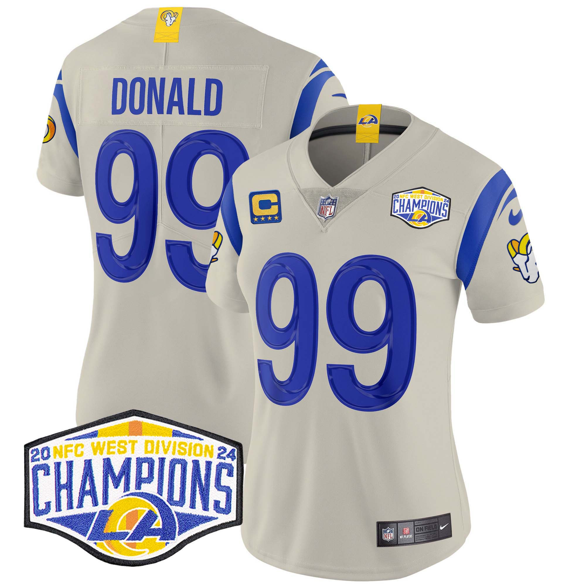 Women's Aaron Donald Los Angeles Rams 2024 NFC West Division Champions Vapor Limited Bone Jersey - All Stitched