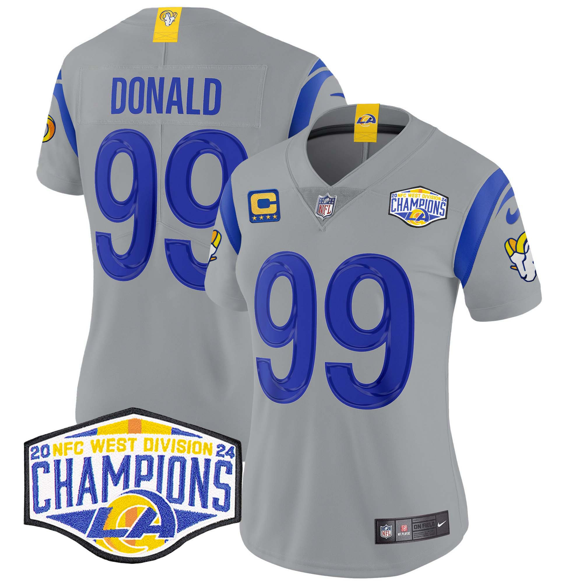 Women's Aaron Donald Los Angeles Rams 2024 NFC West Division Champions Vapor Limited Gray Jersey - All Stitched