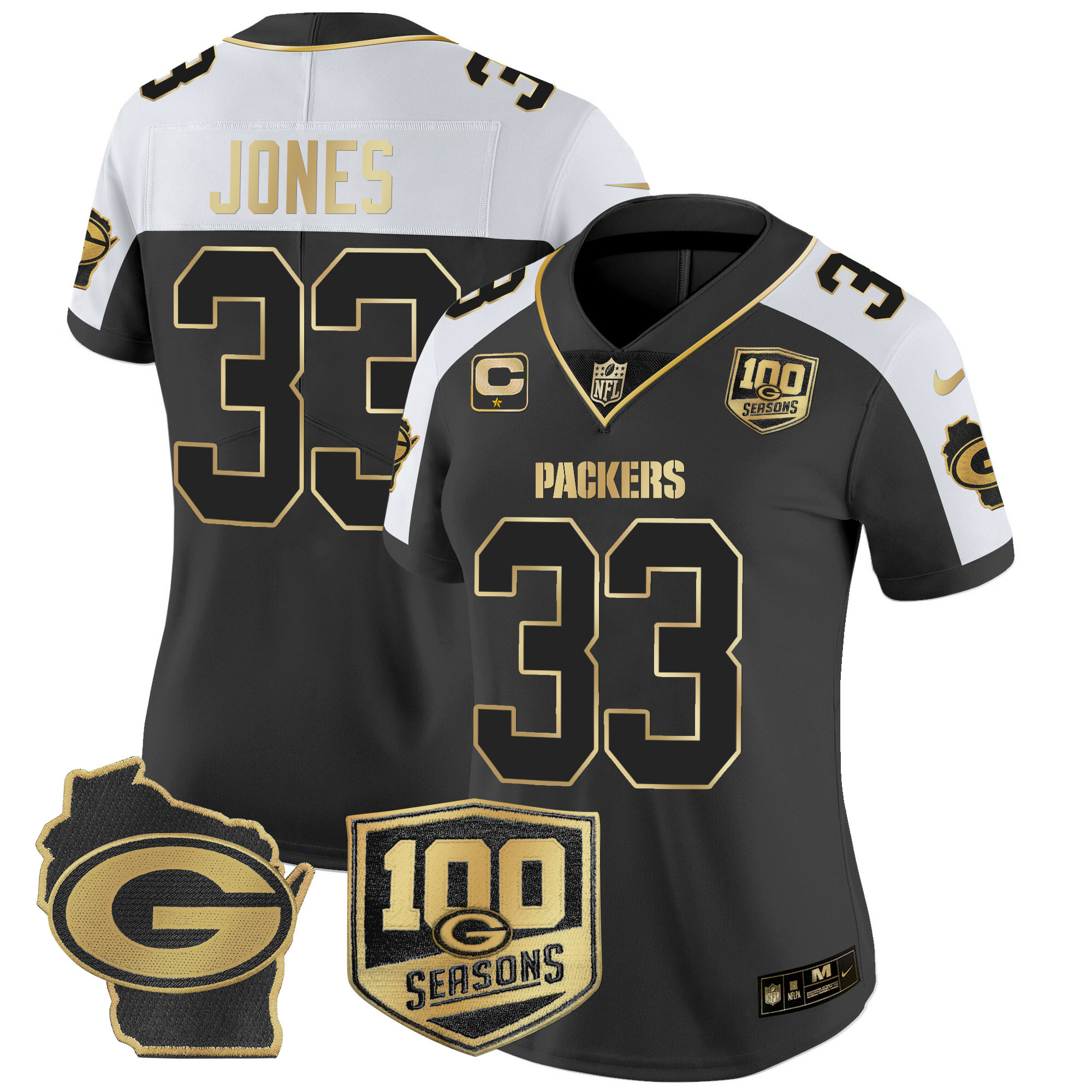 Women's Aaron Jones Green Bay Packers 100th Season & Home Patch Gold Vapor Limited Alternate Jersey – All Stitched