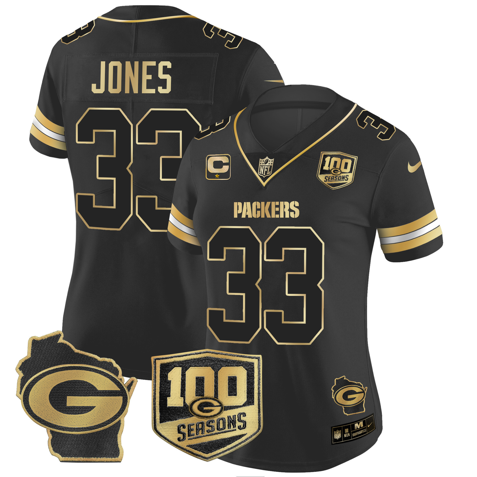 Women's Aaron Jones Green Bay Packers 100th Season & Home Patch Gold Vapor Limited Black Gold Jersey – All Stitched