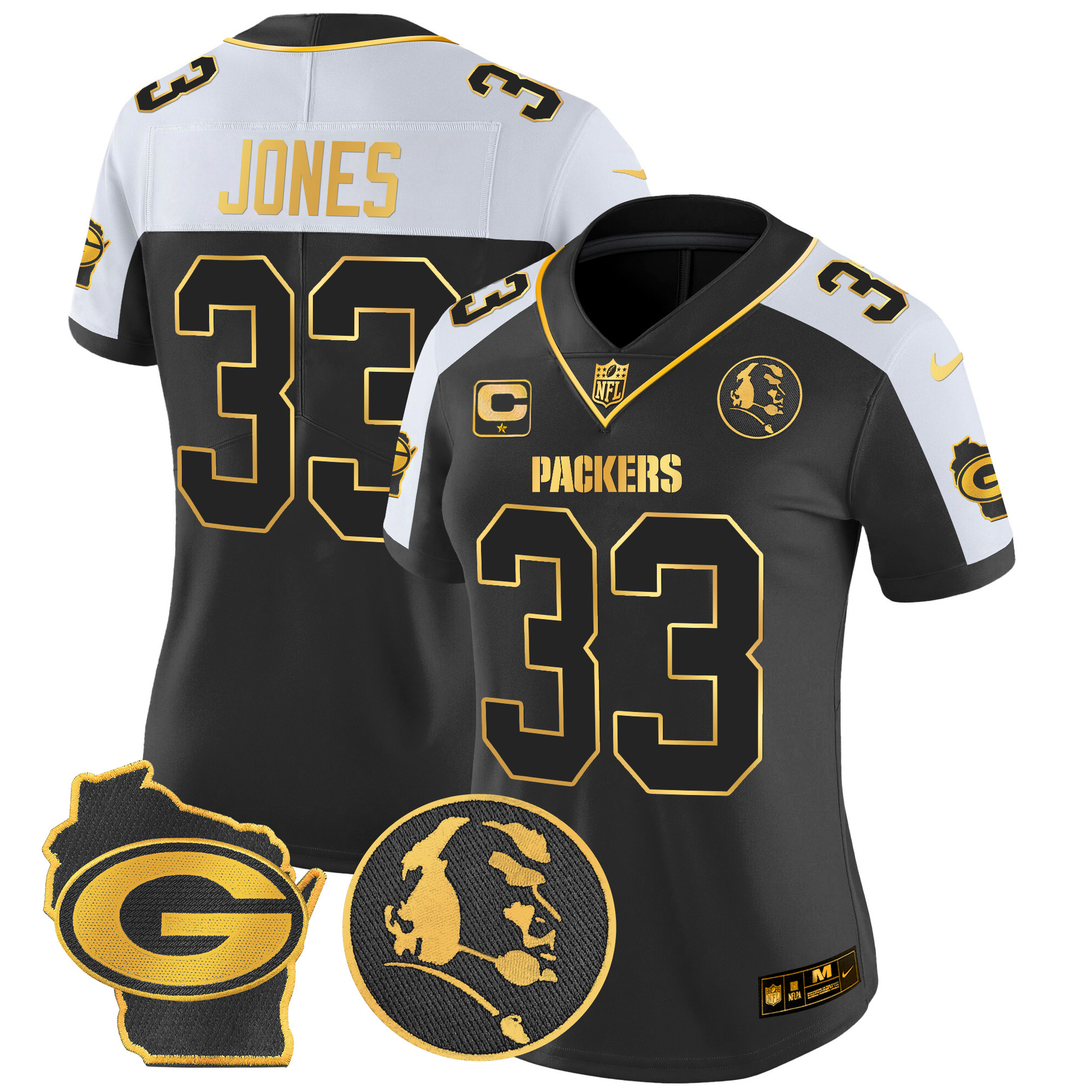 Women's Aaron Jones Green Bay Packers John Madden & Home Patch Gold Vapor Limited Alternate Jersey - All Stitched