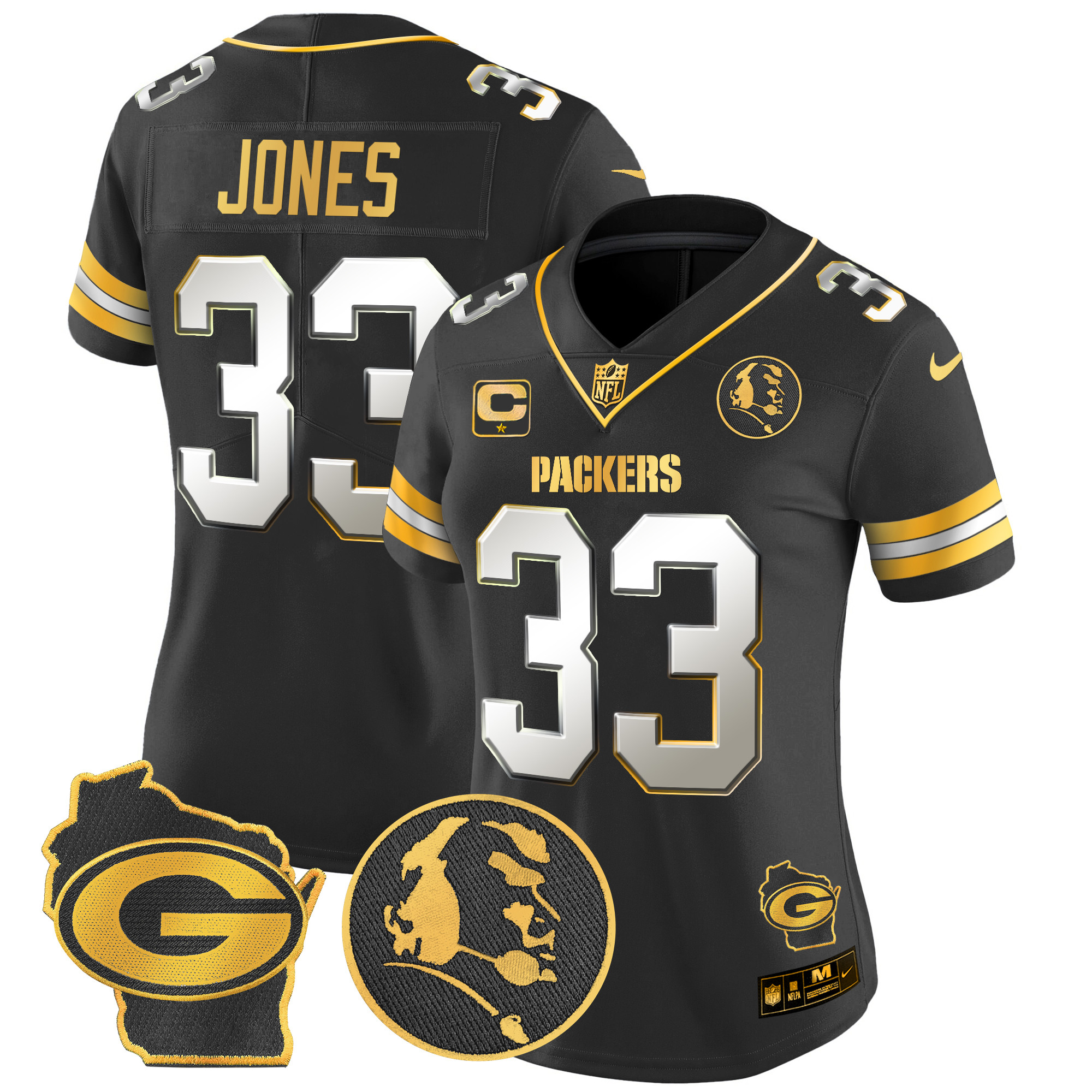 Women's Aaron Jones Green Bay Packers John Madden & Home Patch Gold Vapor Limited Black Limited Jersey - All Stitched