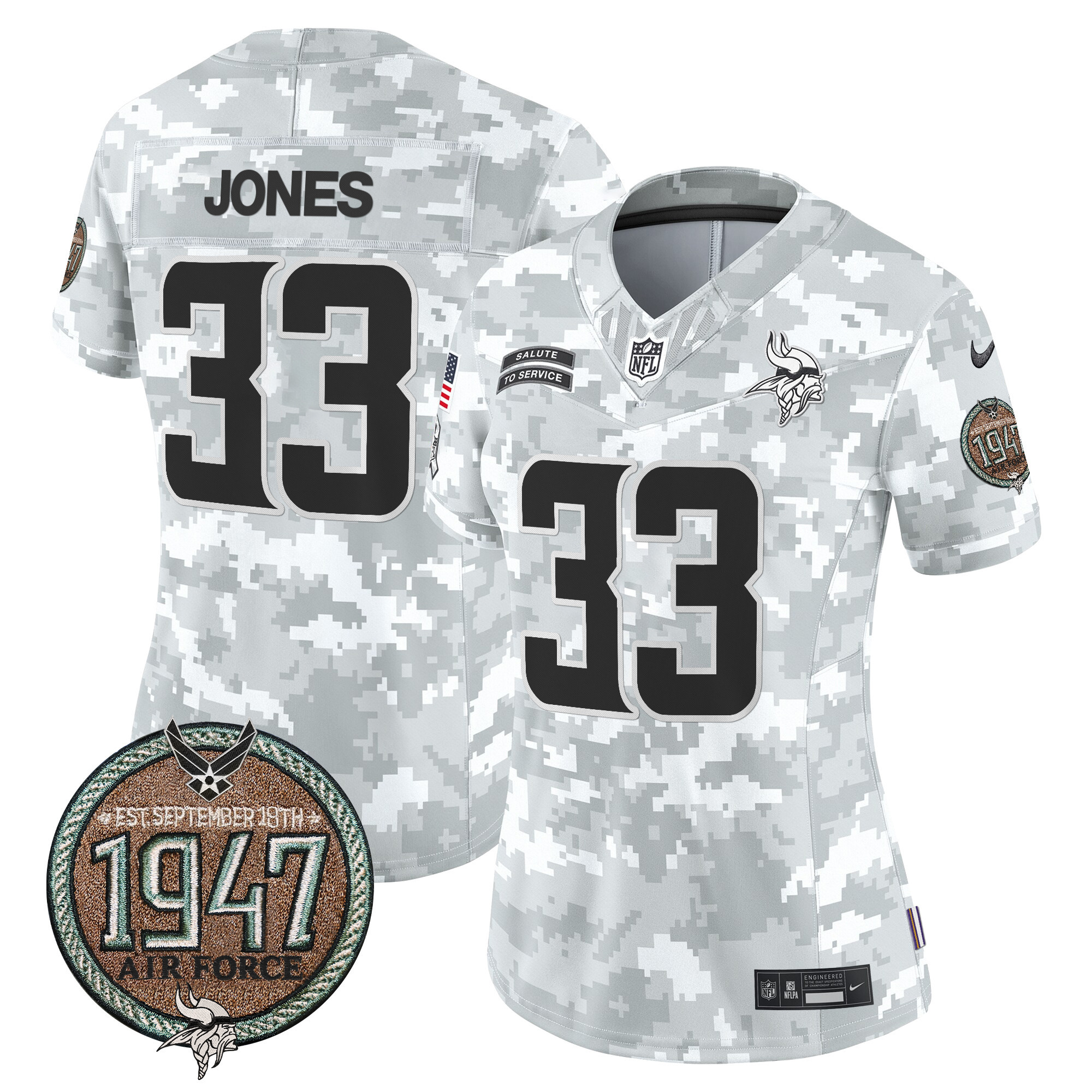 Women's Aaron Jones Minnesota Vikings 2024 Salute to Service Establishment Year Patch Vapor Limited Air Force Jersey - All Stitched