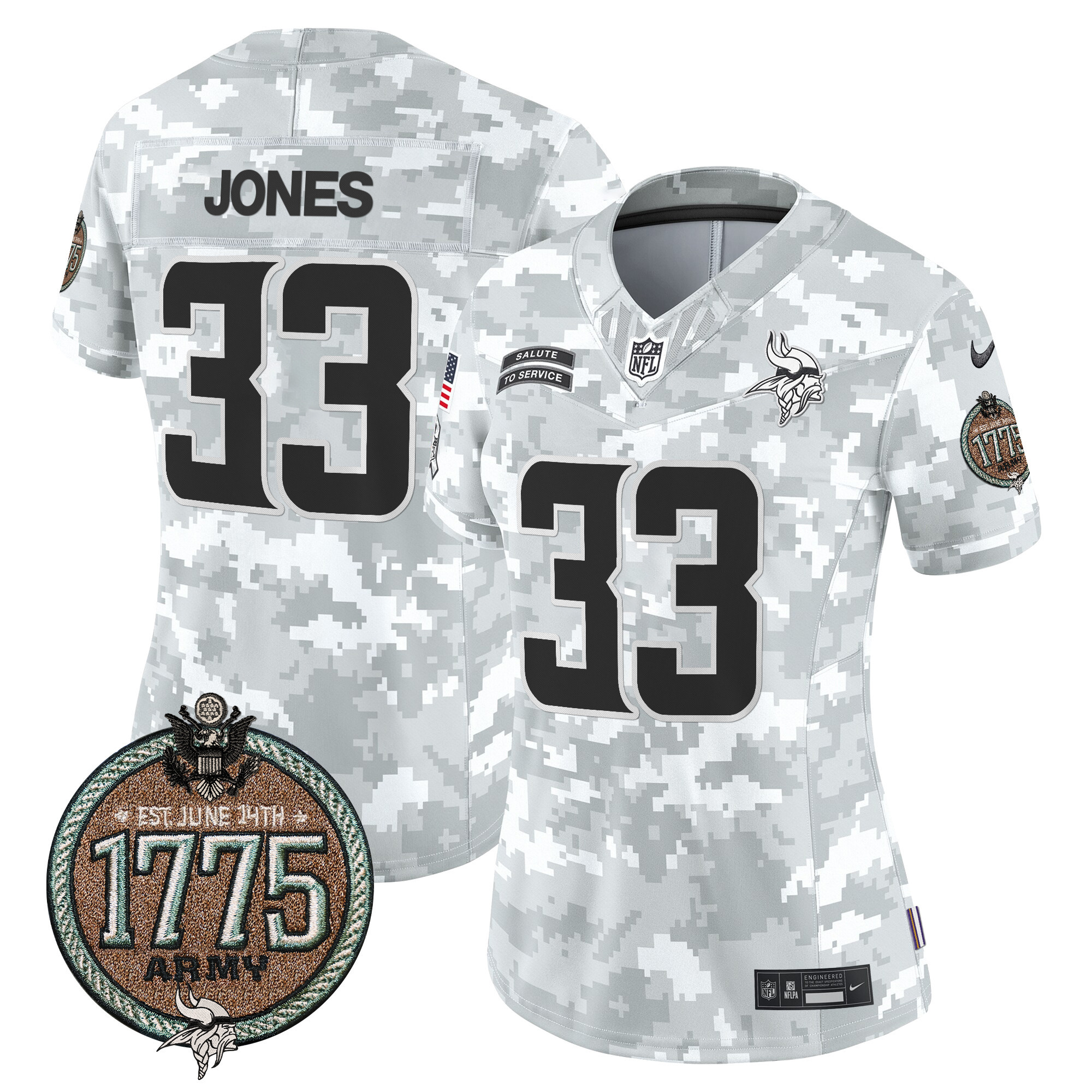 Women's Aaron Jones Minnesota Vikings 2024 Salute to Service Establishment Year Patch Vapor Limited Army Jersey - All Stitched