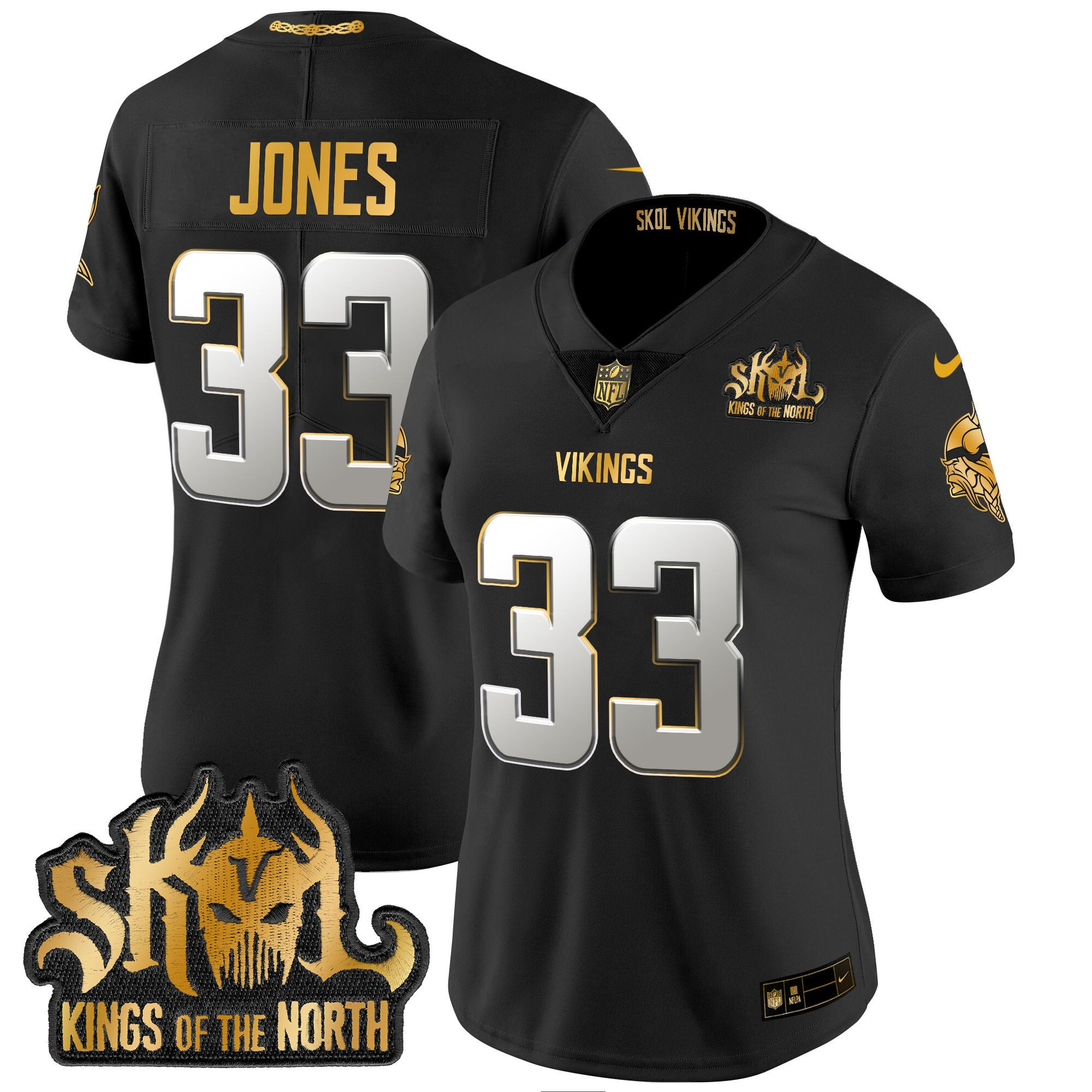 Women's Aaron Jones Minnesota Vikings 2024 Winter Warrior Skol Patch Gold Vapor Limited Black Limited Jersey - All Stitched