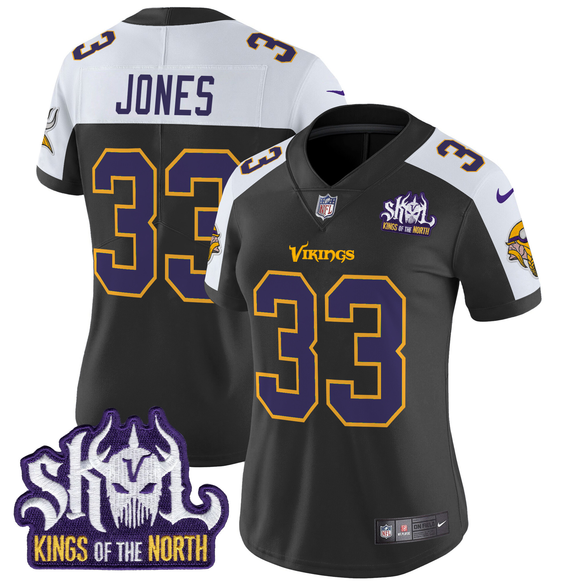 Women's Aaron Jones Minnesota Vikings King Of The North Patch Throwback Vapor Limited Black Alternate Jersey - All Stitched