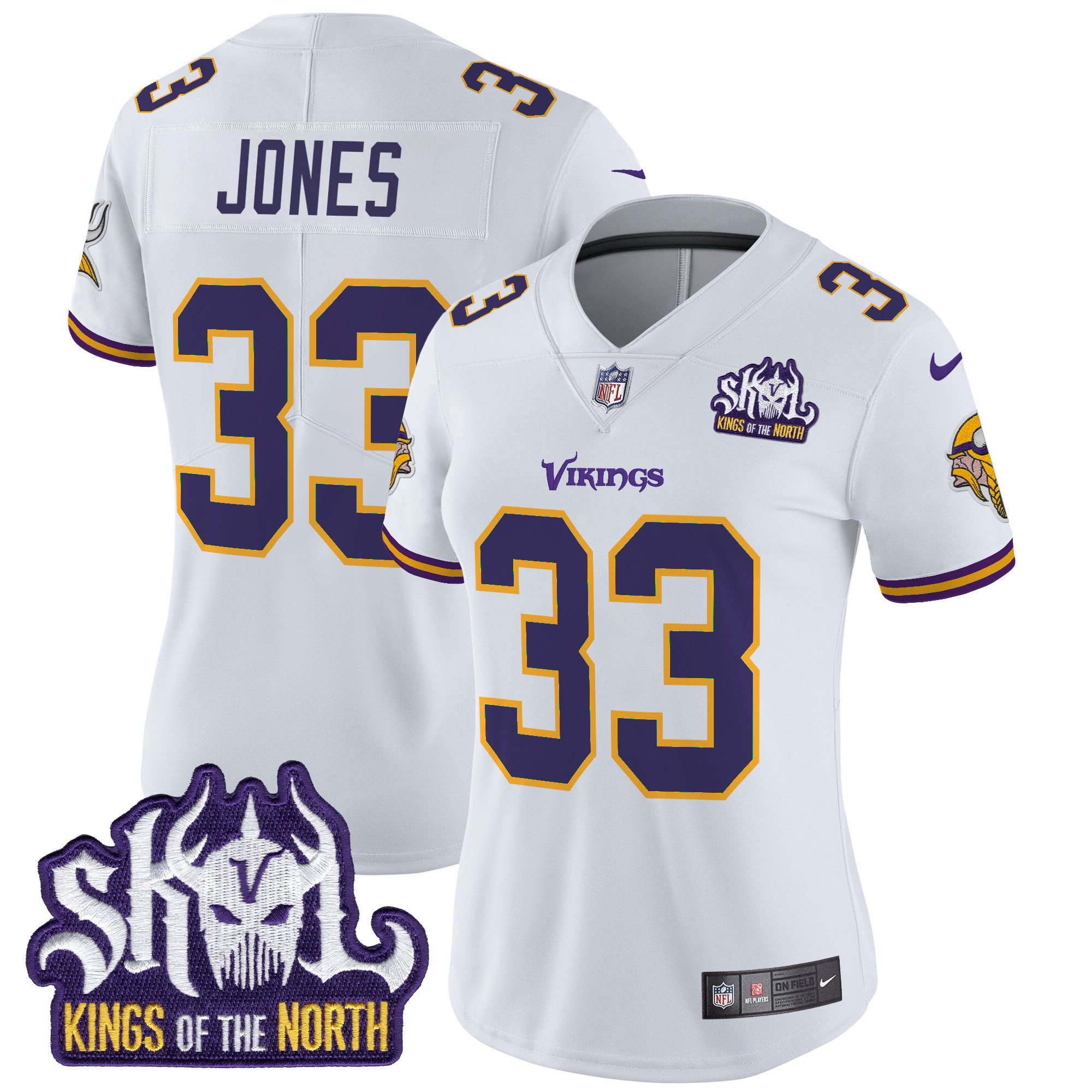 Women's Aaron Jones Minnesota Vikings King Of The North Patch Throwback Vapor Limited White Jersey - All Stitched