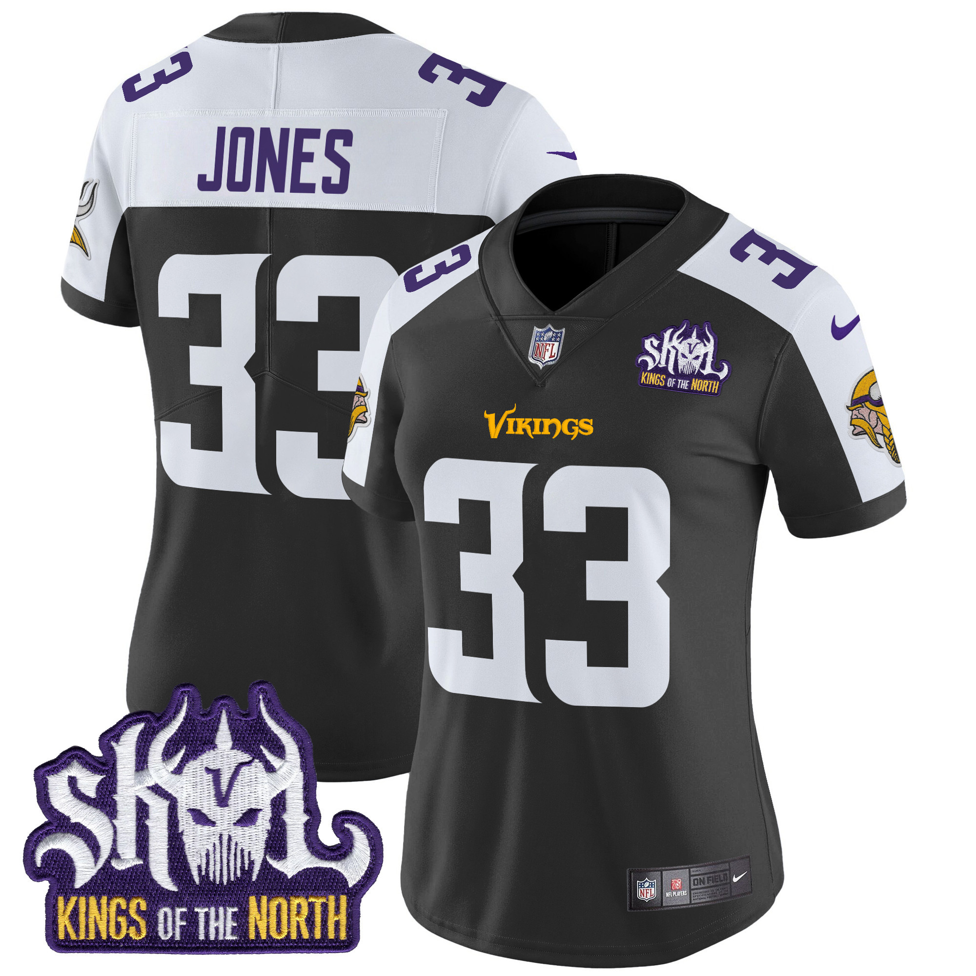 Women's Aaron Jones Minnesota Vikings Kings Of The North Patch Vapor Limited Black Alternate Jersey - All Stitched