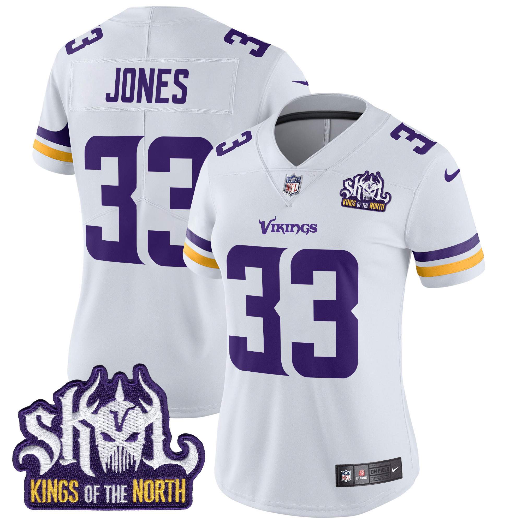 Women's Aaron Jones Minnesota Vikings Kings Of The North Patch Vapor Limited White Jersey - All Stitched