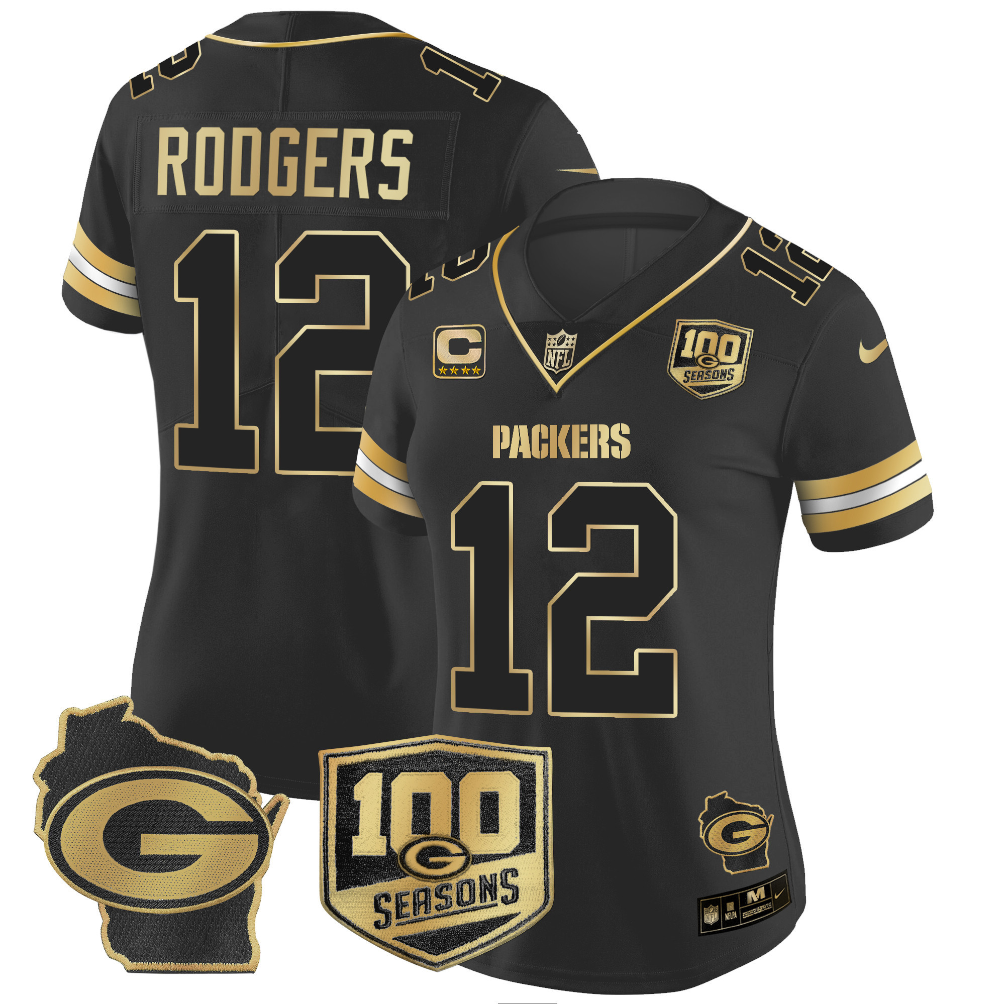 Women's Aaron Rodgers Green Bay Packers 100th Season & Home Patch Gold Vapor Limited Black Gold Jersey – All Stitched