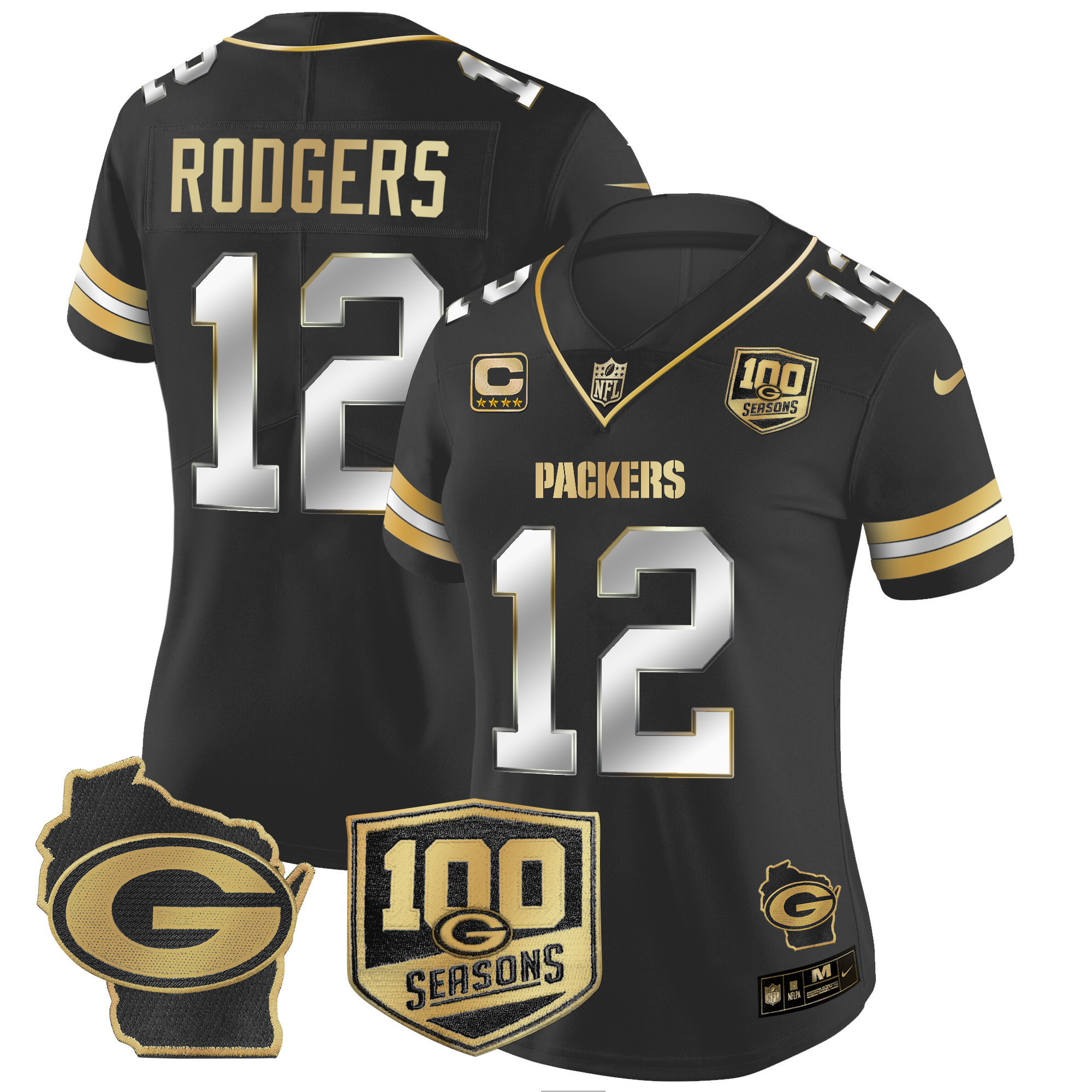 Women's Aaron Rodgers Green Bay Packers 100th Season & Home Patch Gold Vapor Limited Black Limited Jersey – All Stitched