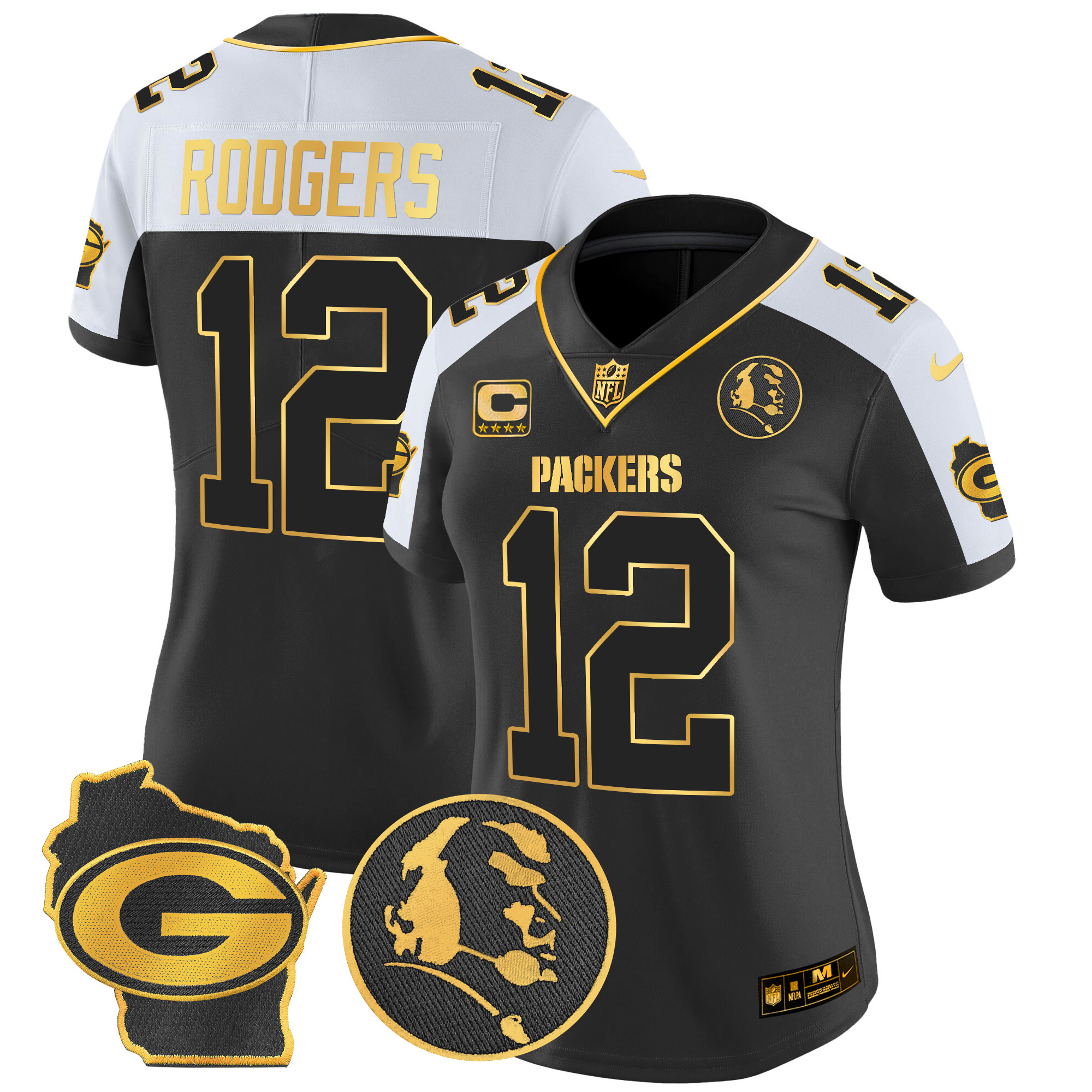 Women's Aaron Rodgers Green Bay Packers John Madden & Home Patch Gold Vapor Limited Alternate Jersey - All Stitched