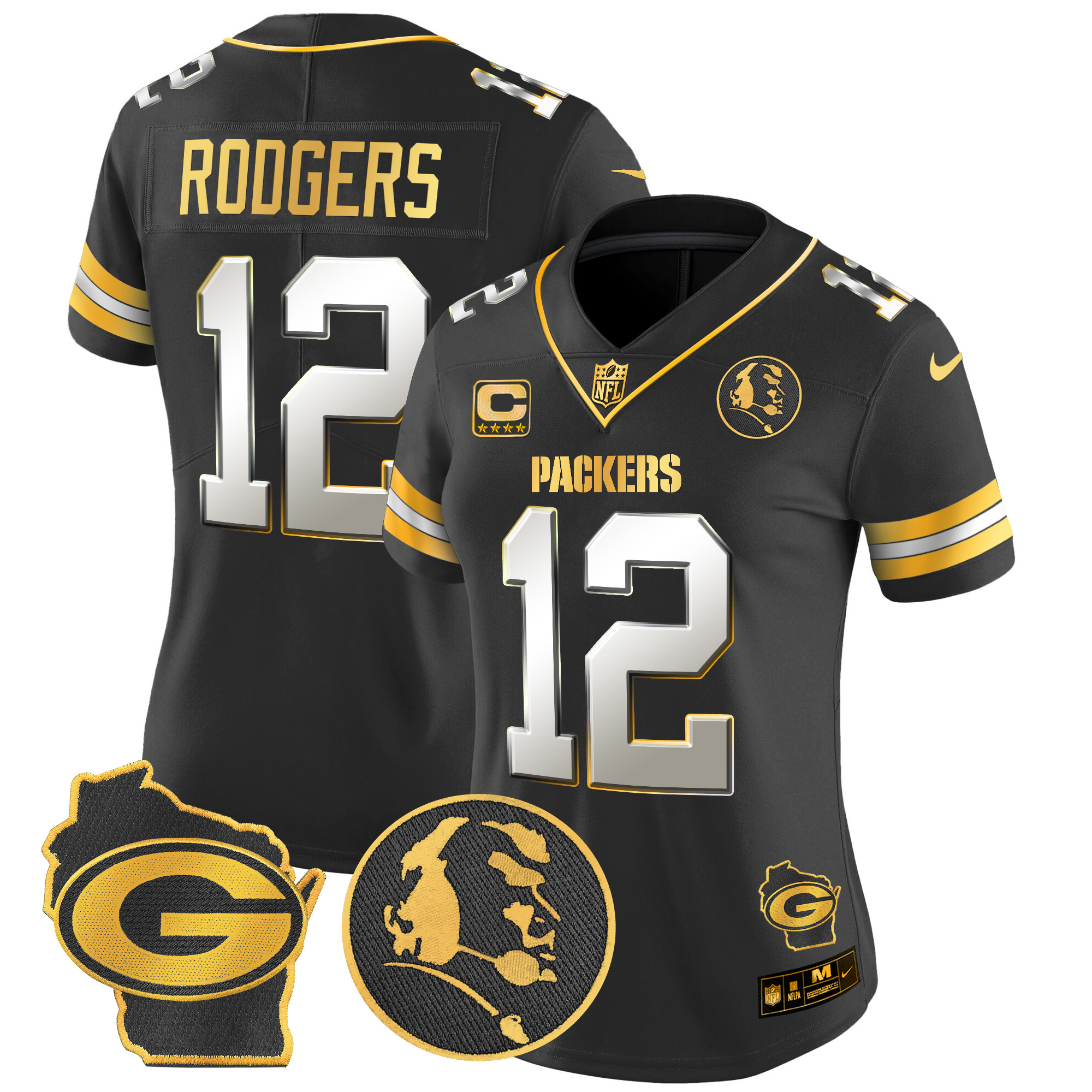 Women's Aaron Rodgers Green Bay Packers John Madden & Home Patch Gold Vapor Limited Black Limited Jersey - All Stitched