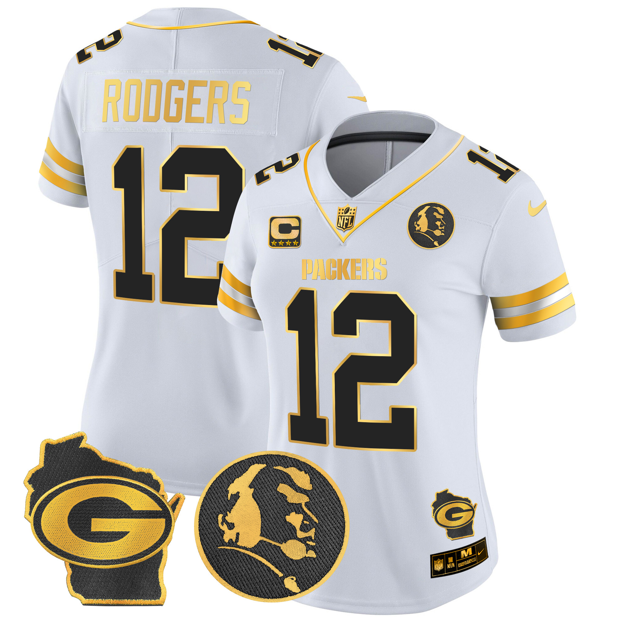 Women's Aaron Rodgers Green Bay Packers John Madden & Home Patch Gold Vapor Limited White Gold Jersey - All Stitched