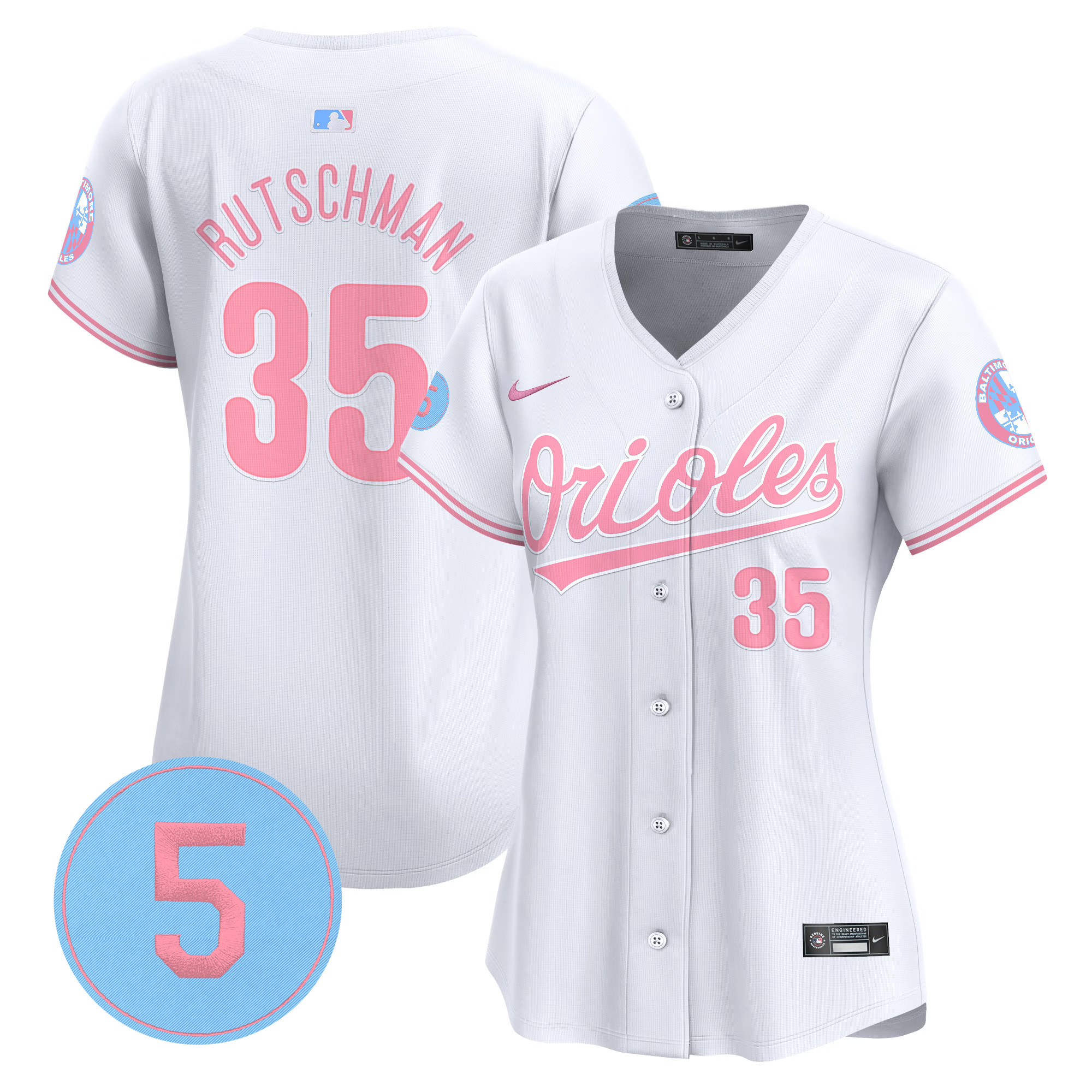 Women's Adley Rutschman Baltimore Orioles Bubblegum Pink Robinson Patch Vapor Premier Limited White Jersey - All Stitched