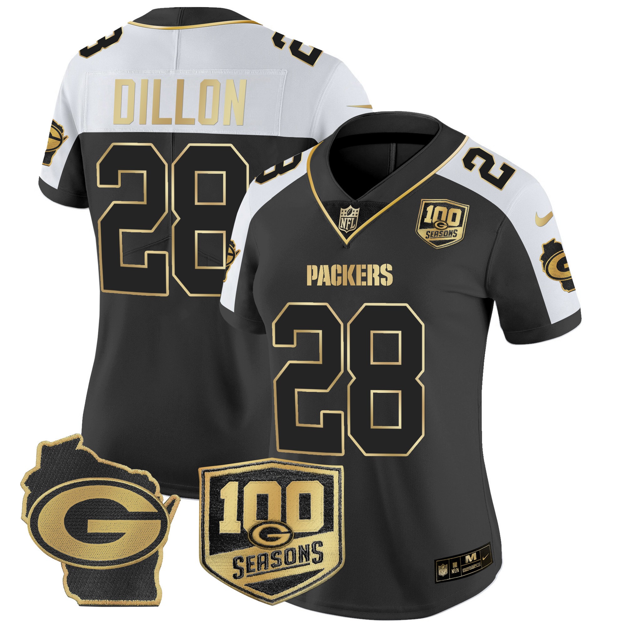 Women's AJ Dillon Green Bay Packers 100th Season & Home Patch Gold Vapor Limited Alternate Jersey – All Stitched