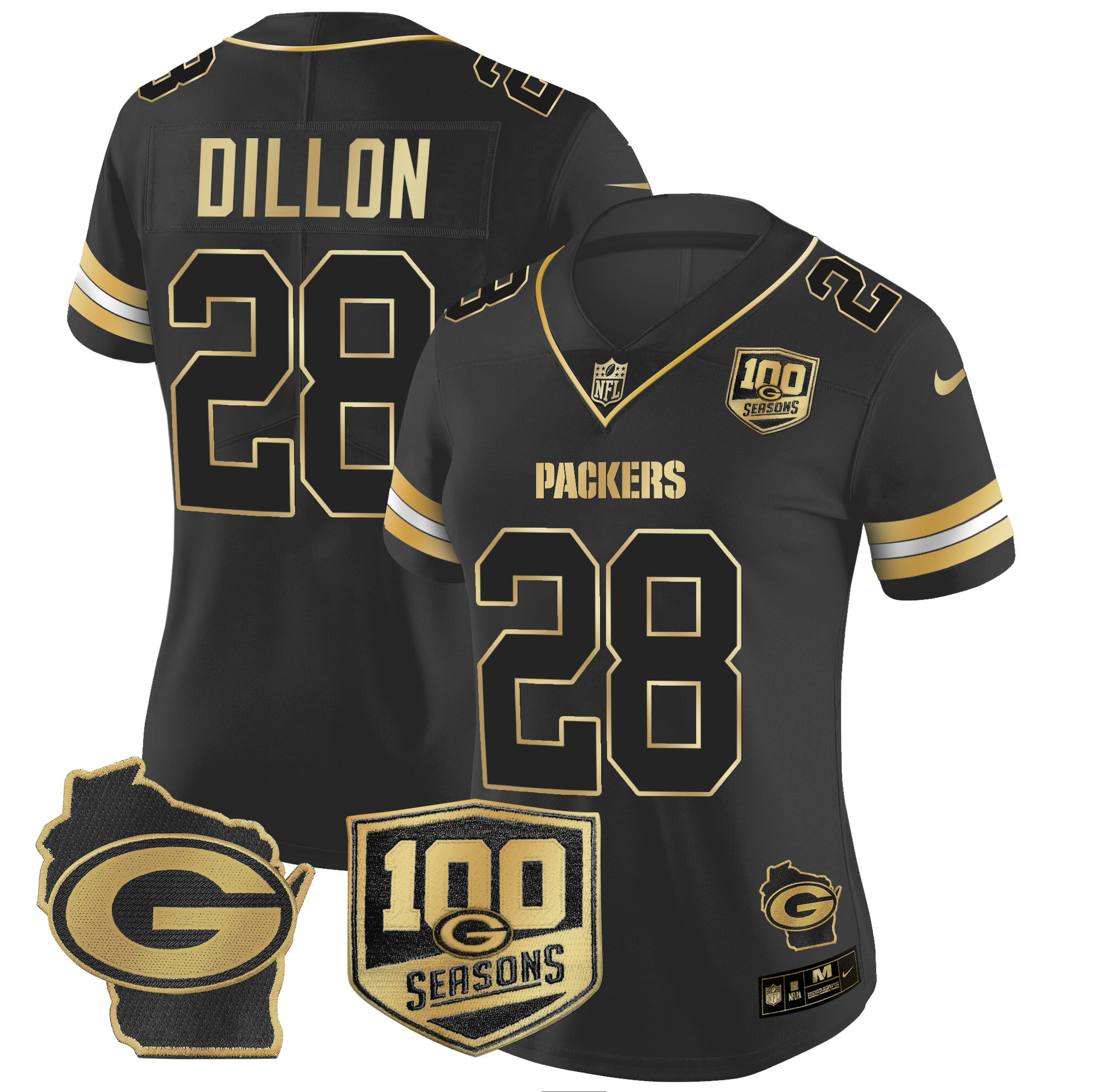 Women's AJ Dillon Green Bay Packers 100th Season & Home Patch Gold Vapor Limited Black Gold Jersey – All Stitched