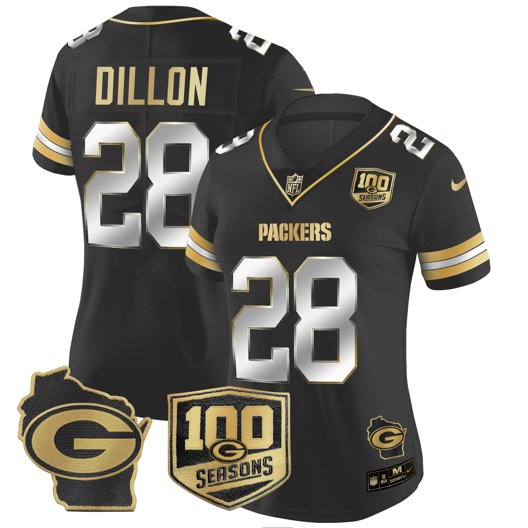 Women's AJ Dillon Green Bay Packers 100th Season & Home Patch Gold Vapor Limited Black Limited Jersey – All Stitched