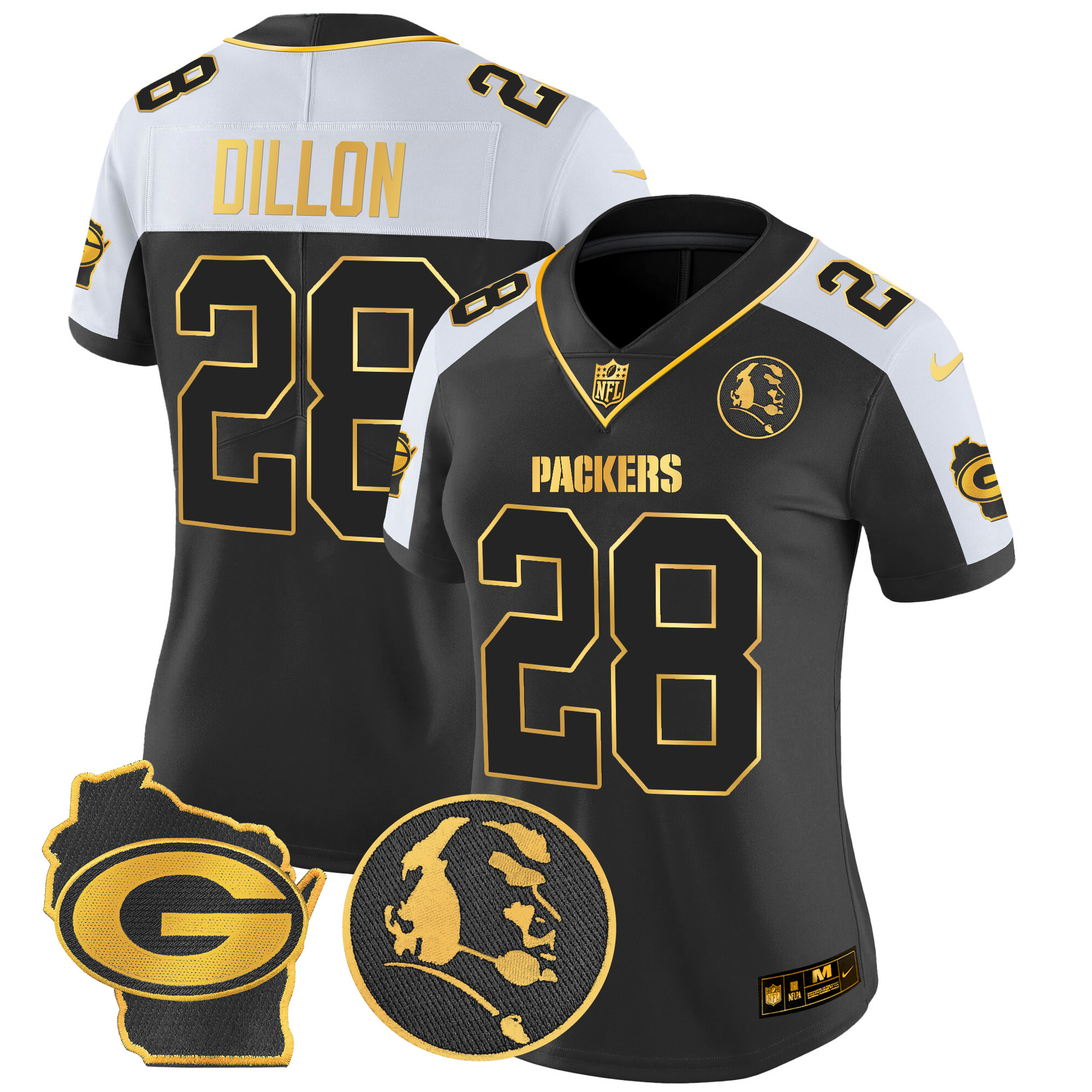 Women's AJ Dillon Green Bay Packers John Madden & Home Patch Gold Vapor Limited Alternate Jersey - All Stitched