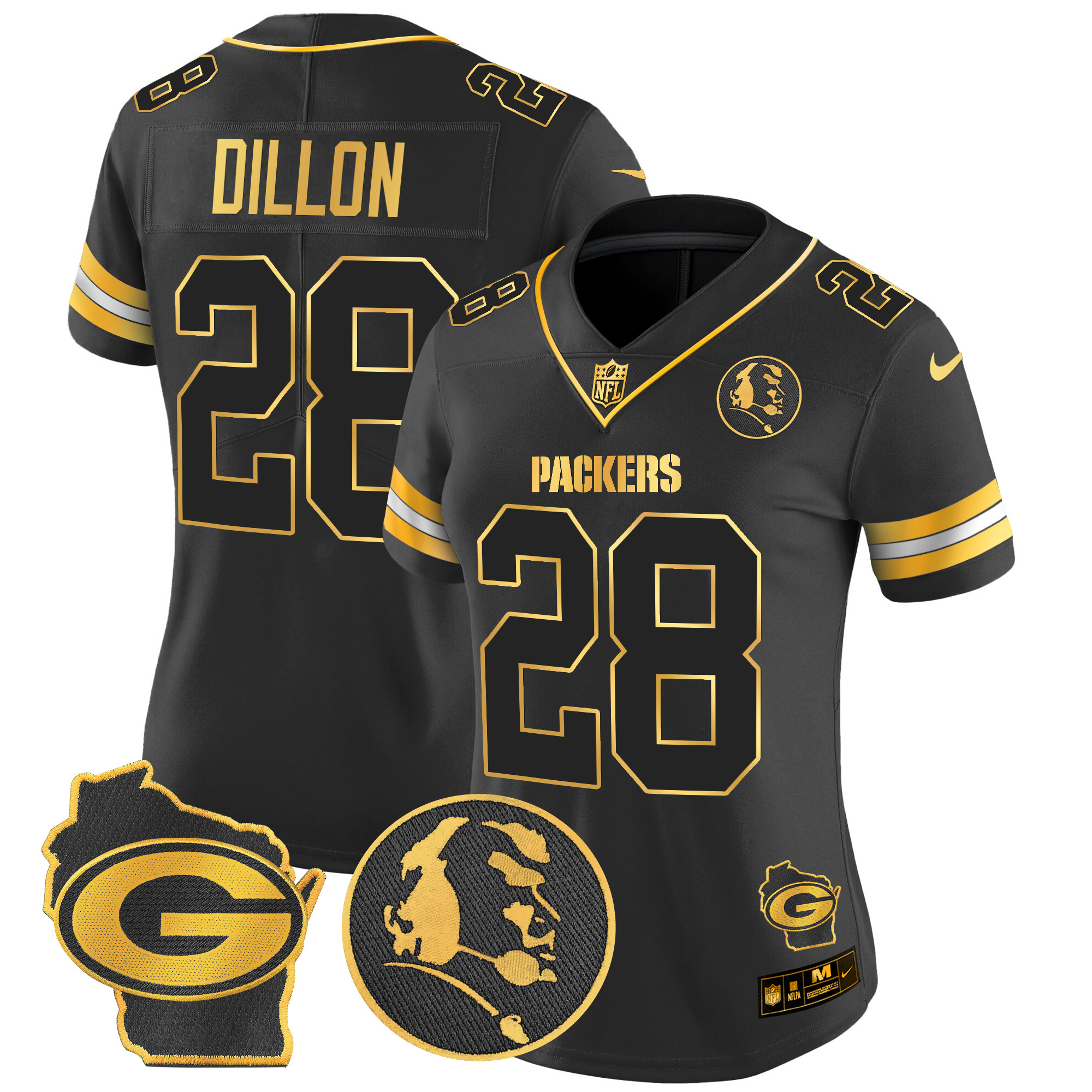 Women's AJ Dillon Green Bay Packers John Madden & Home Patch Gold Vapor Limited Black Gold Jersey - All Stitched