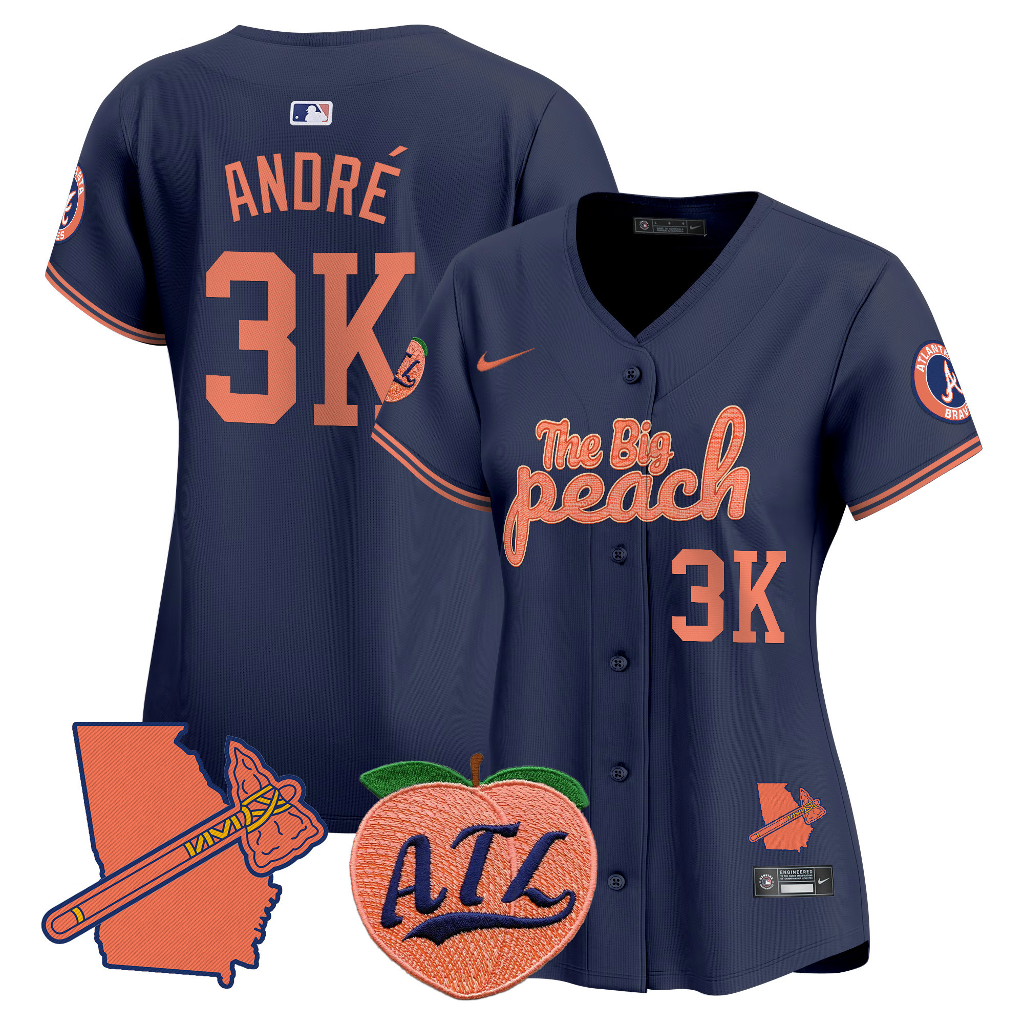 Women's AndrÈ Atlanta Braves The Big Peach Vapor Premier Limited Navy Jersey - All Stitched