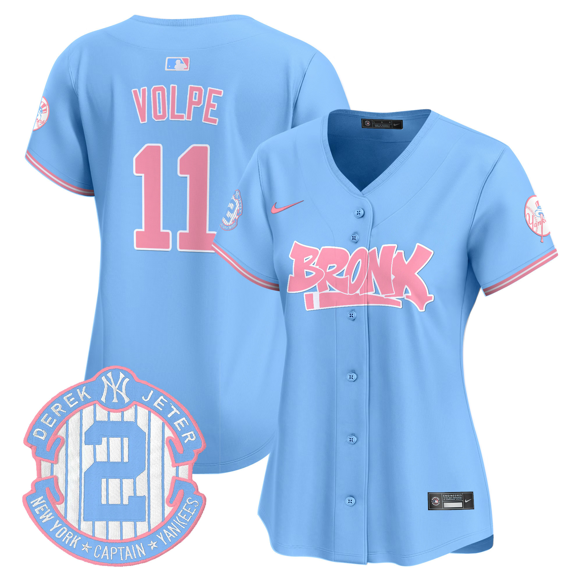 Women's Anthony Volpe New York Yankees The Bronx Graffiti Bubblegum Pink Vapor Premier Limited Light Blue Jersey - All Stitched