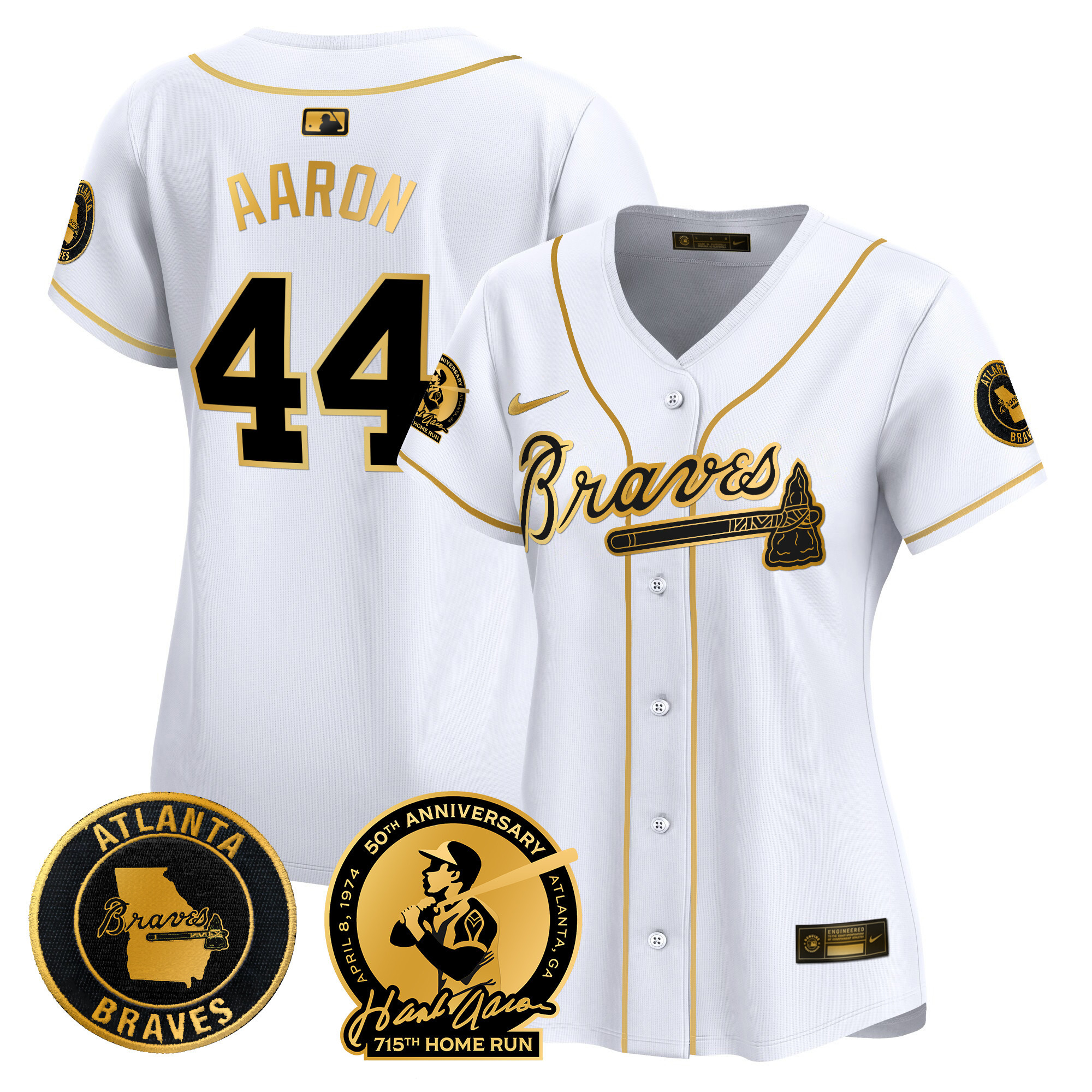 Women's Atlanta Braves Hank Aaron 715th Home Run Patch Vapor Premier Limited White Gold Jersey - All Stitched