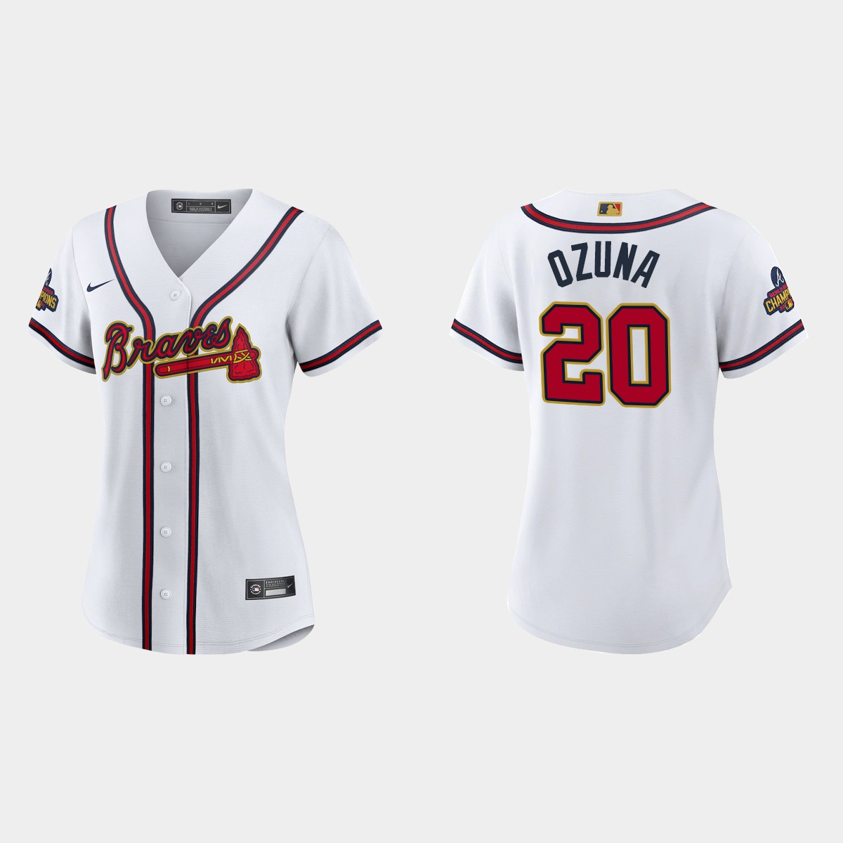 Women's Atlanta Braves Marcell Ozuna 2022 Gold Program White Jersey