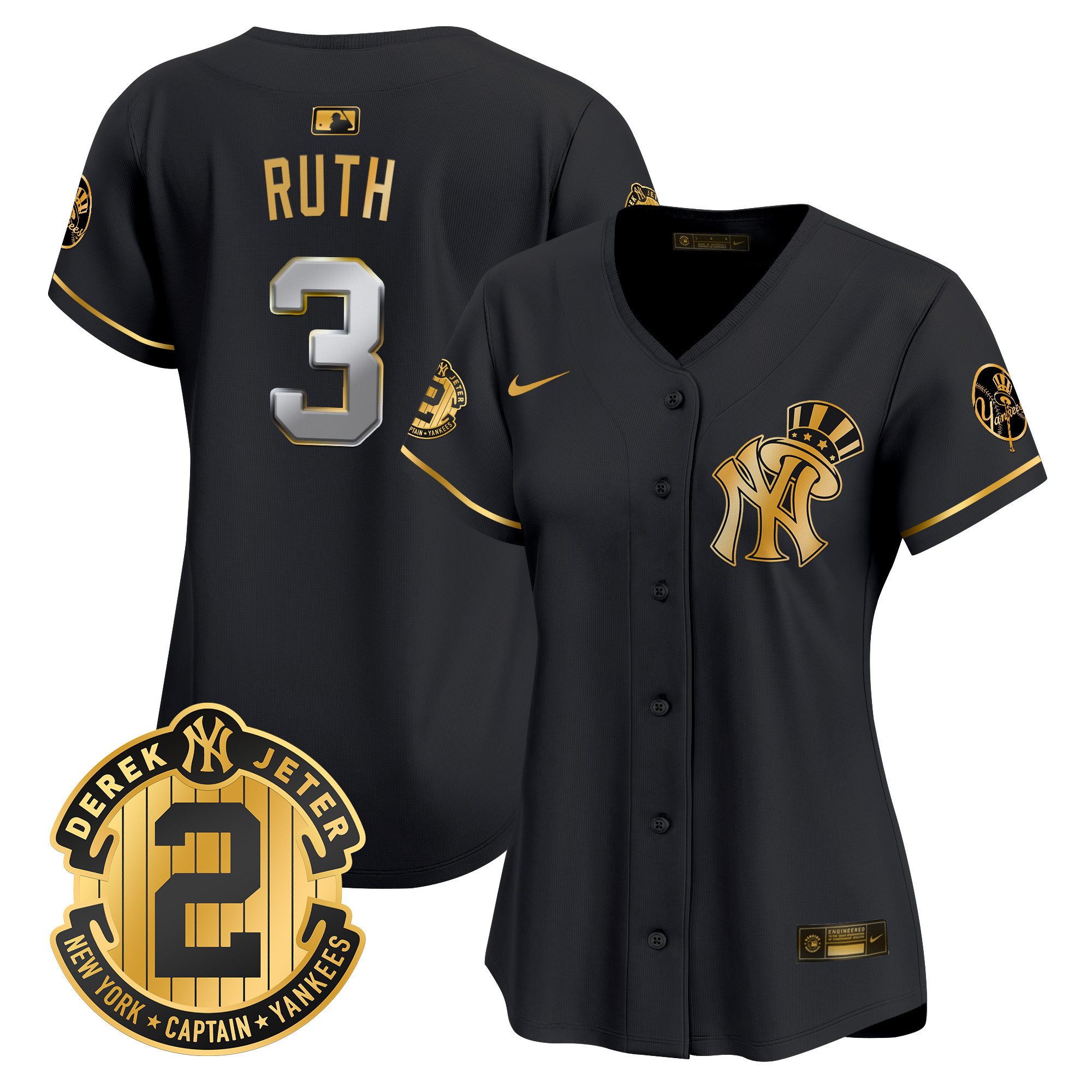 Women's Babe Ruth New York Yankees Derek Jeter Patch Vapor Premier Limited Black Gold Jersey V2 - All Stitched