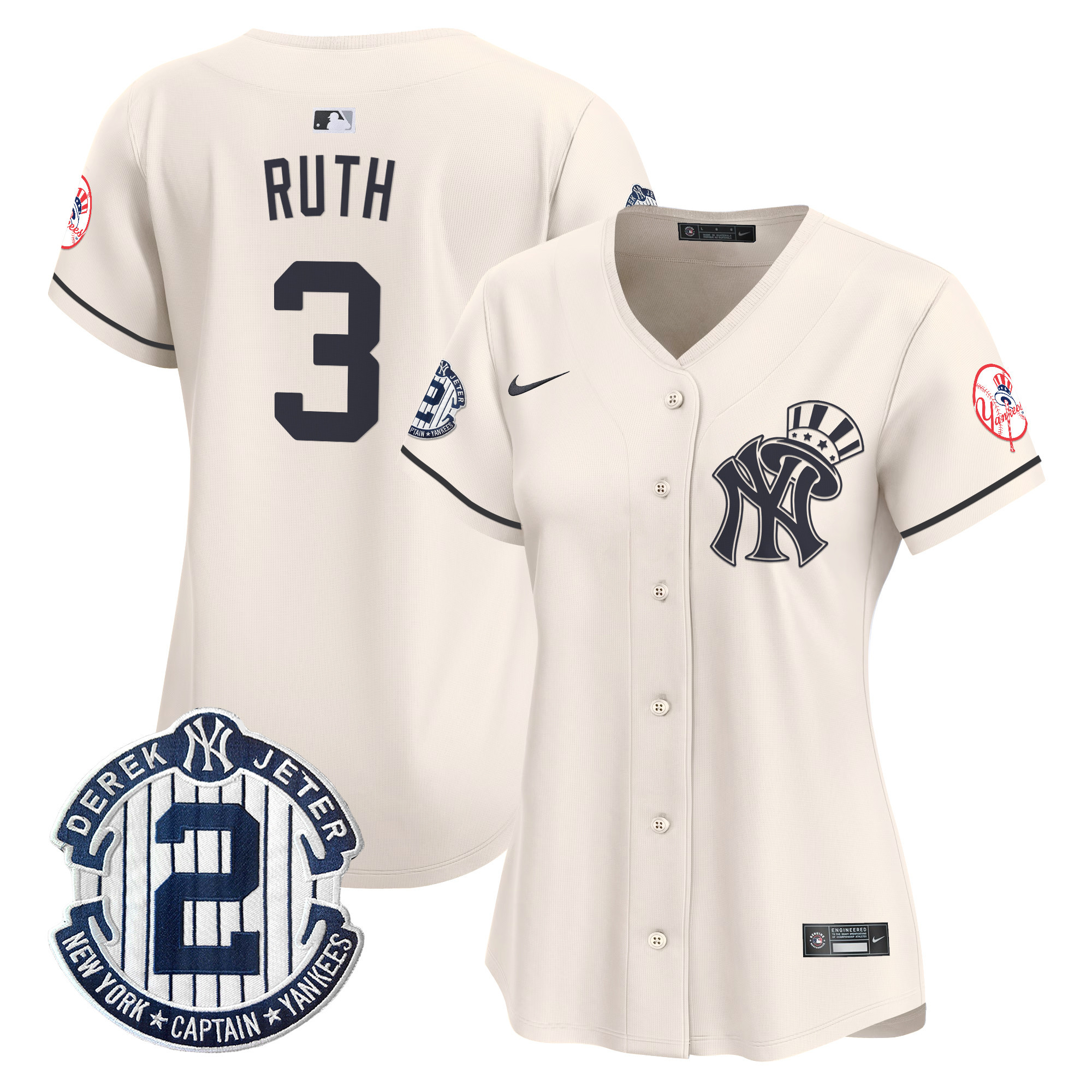 Women's Babe Ruth New York Yankees Derek Jeter Patch Vapor Premier Limited Cream Jersey V2 - All Stitched