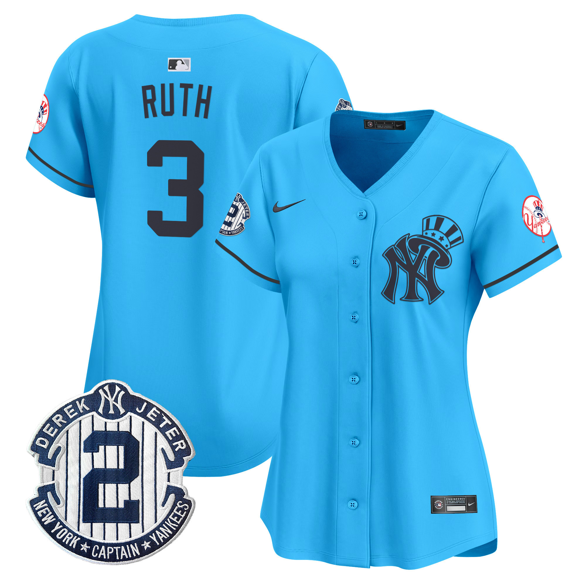 Women's Babe Ruth New York Yankees Derek Jeter Patch Vapor Premier Limited Light Blue Jersey V2 - All Stitched