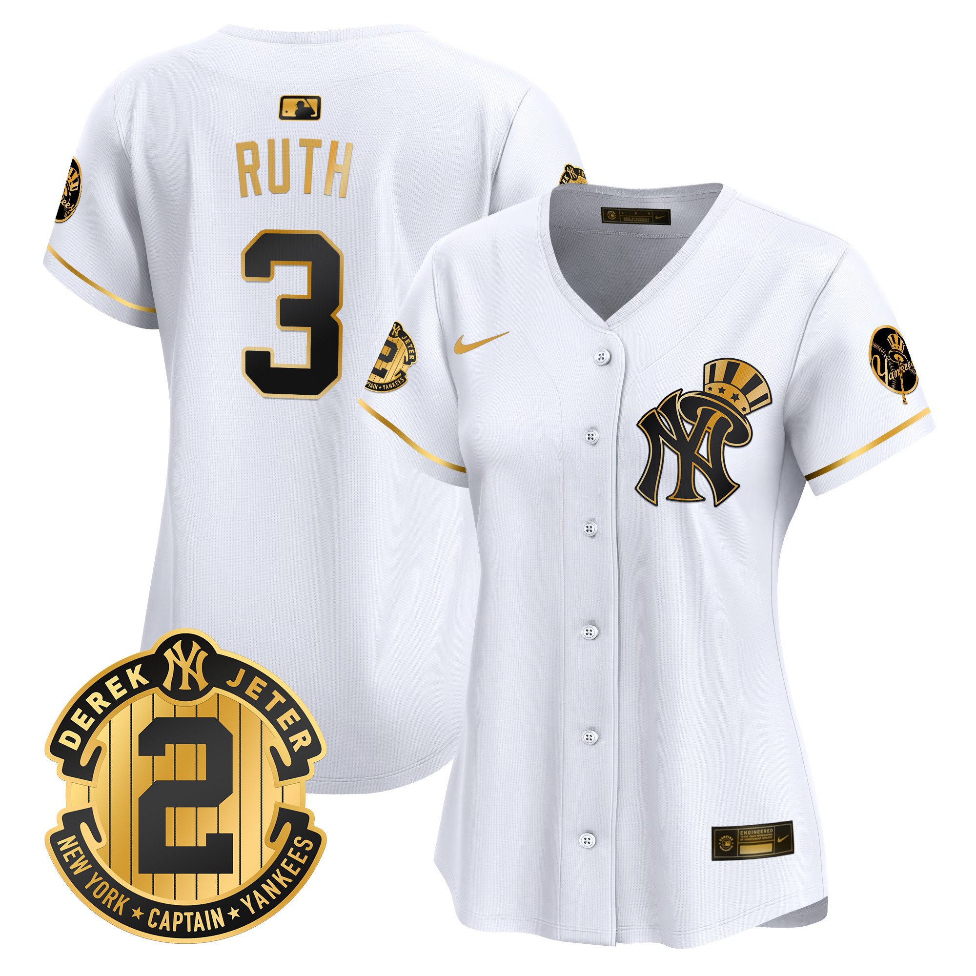 Women's Babe Ruth New York Yankees Derek Jeter Patch Vapor Premier Limited White Gold Jersey V2 - All Stitched