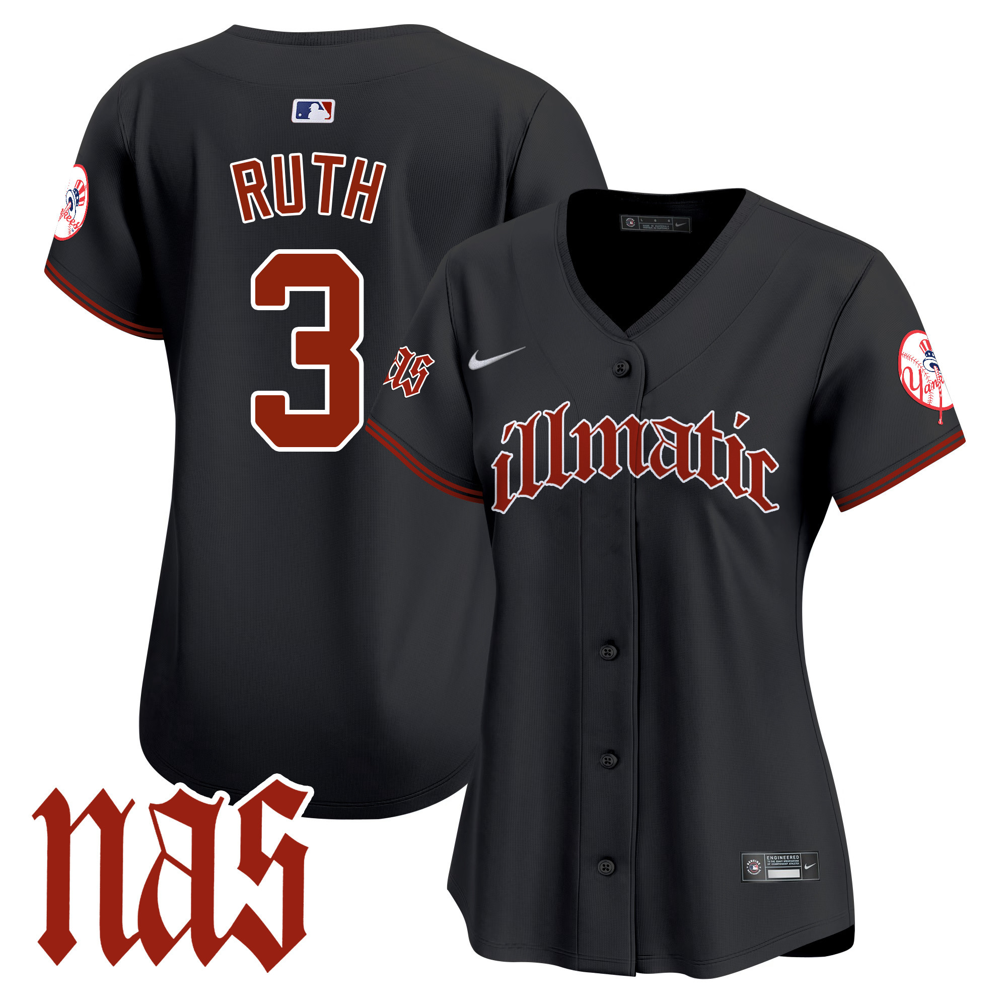 Women's Babe Ruth New York Yankees Nas Illmatic Vapor Premier Limited Black Jersey - All Stitched