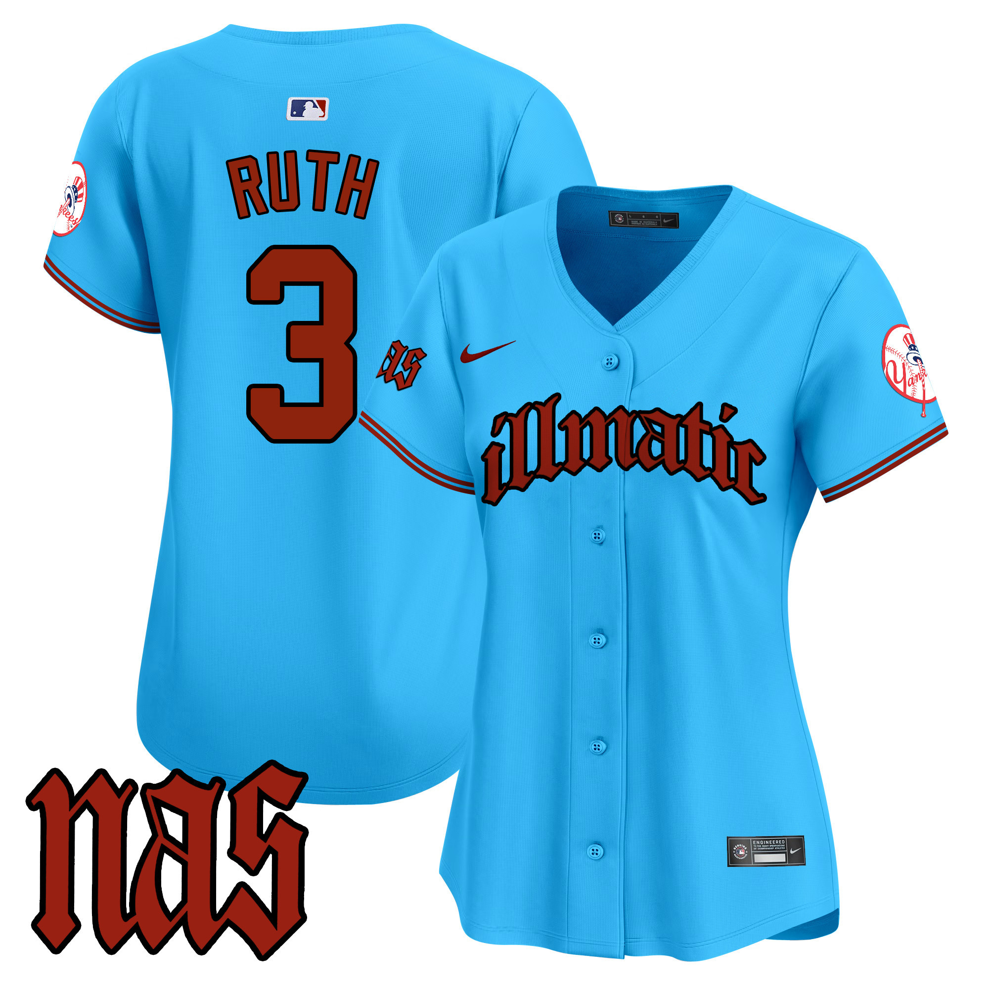 Women's Babe Ruth New York Yankees Nas Illmatic Vapor Premier Limited Light Blue Jersey - All Stitched