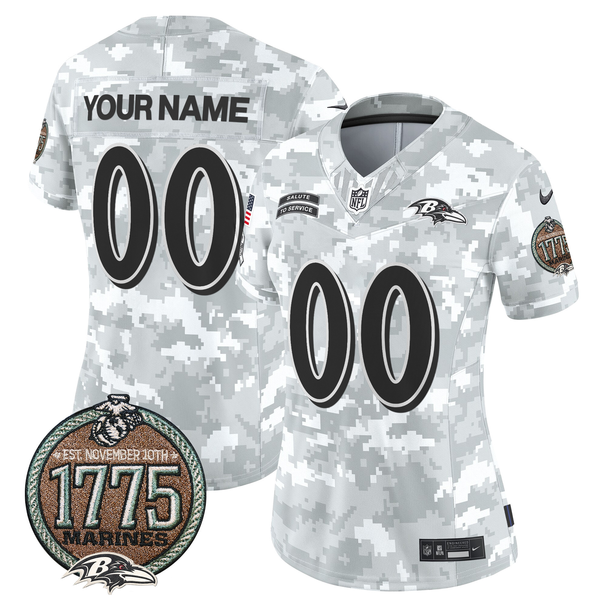Women's Baltimore Ravens 2024 Salute to Service Establishment Year Patch Vapor Limited Custom Marines Jersey - All Stitched