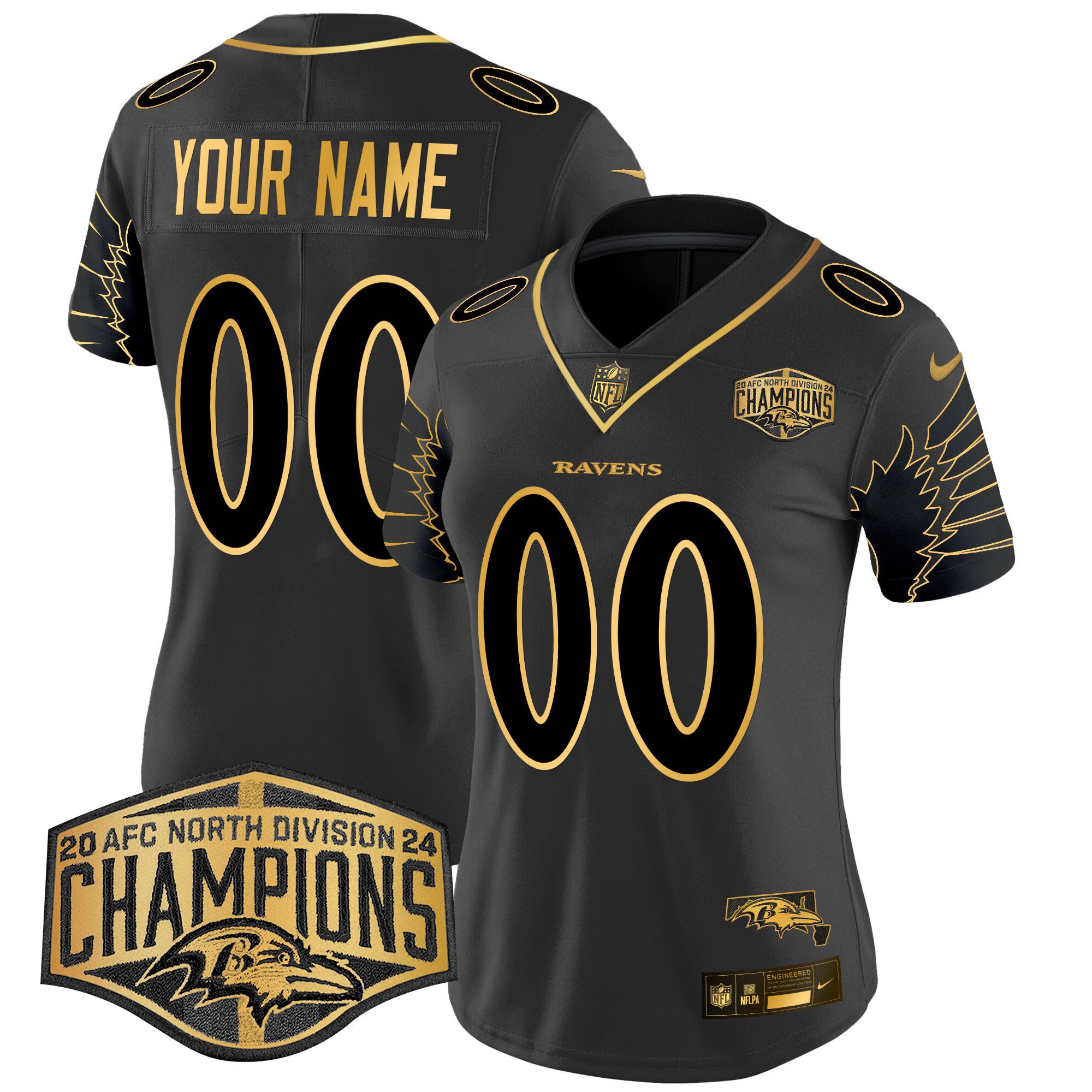 Women's Baltimore Ravens Maryland 2024 AFC North Division Champions Patch Gold Vapor Limited Custom Black Gold Jersey - All Stitched