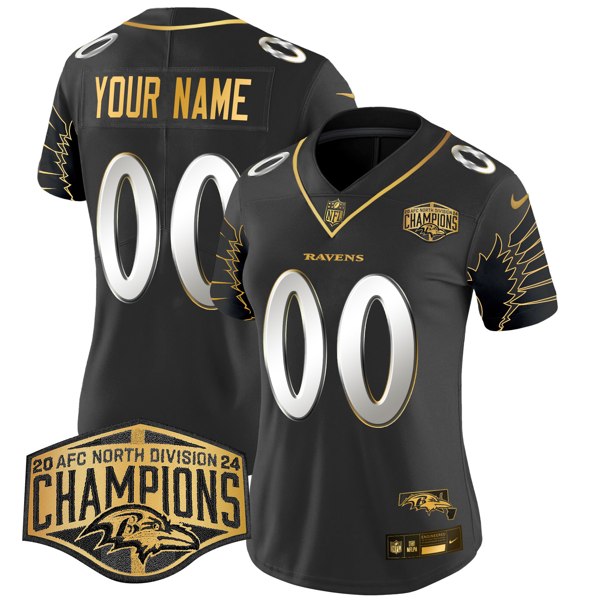 Women's Baltimore Ravens Maryland 2024 AFC North Division Champions Patch Gold Vapor Limited Custom Black Limited Jersey - All Stitched