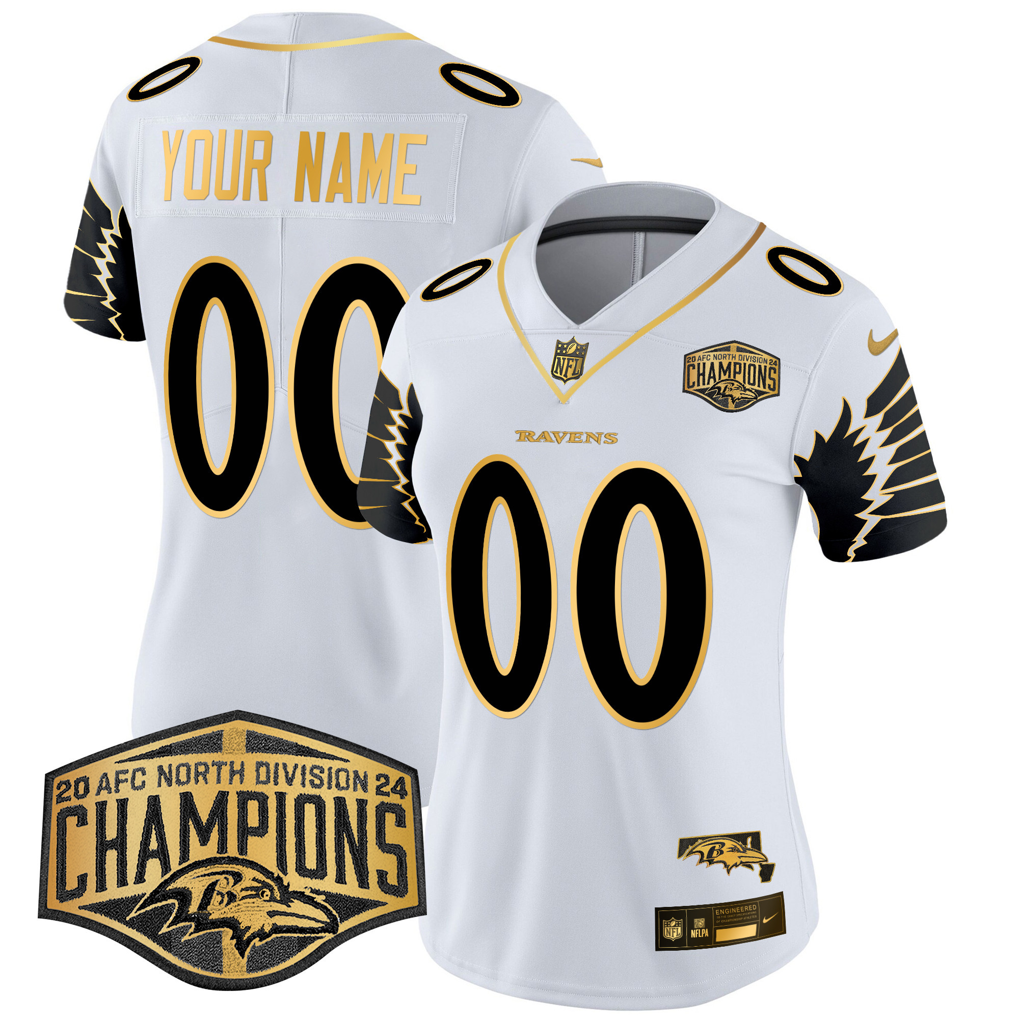 Women's Baltimore Ravens Maryland 2024 AFC North Division Champions Patch Gold Vapor Limited Custom White Gold Jersey - All Stitched