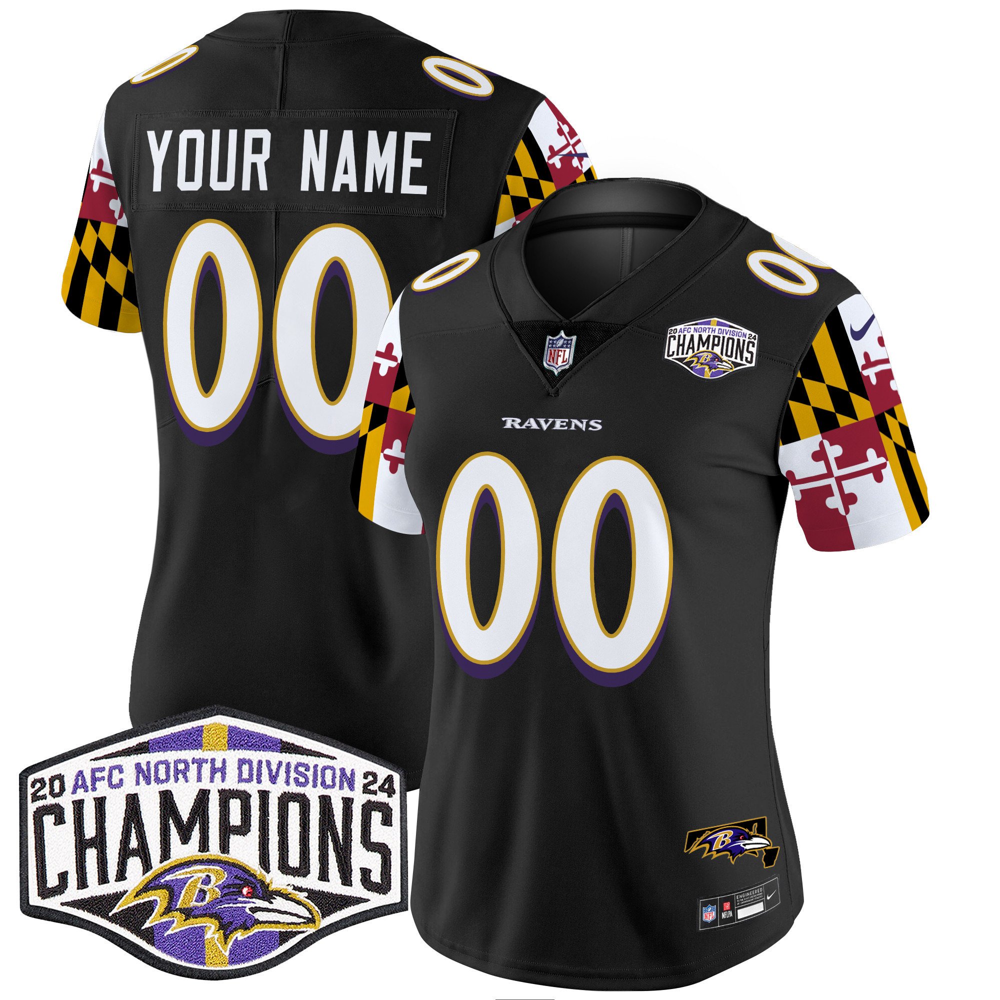 Women's Baltimore Ravens Maryland Flag 2024 AFC North Division Champions Patch Vapor Limited Custom Black Jersey - All Stitched