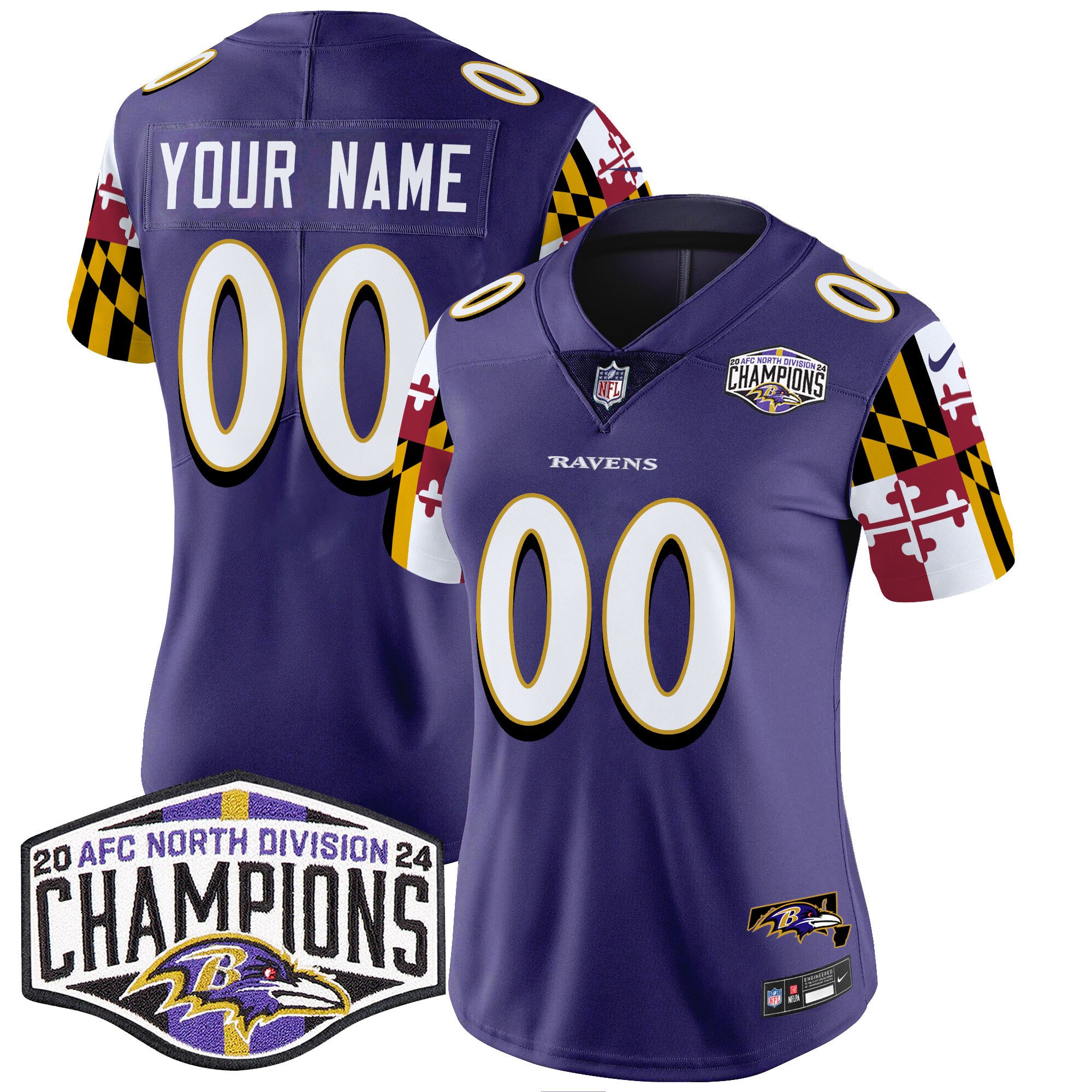 Women's Baltimore Ravens Maryland Flag 2024 AFC North Division Champions Patch Vapor Limited Custom Purple Jersey - All Stitched