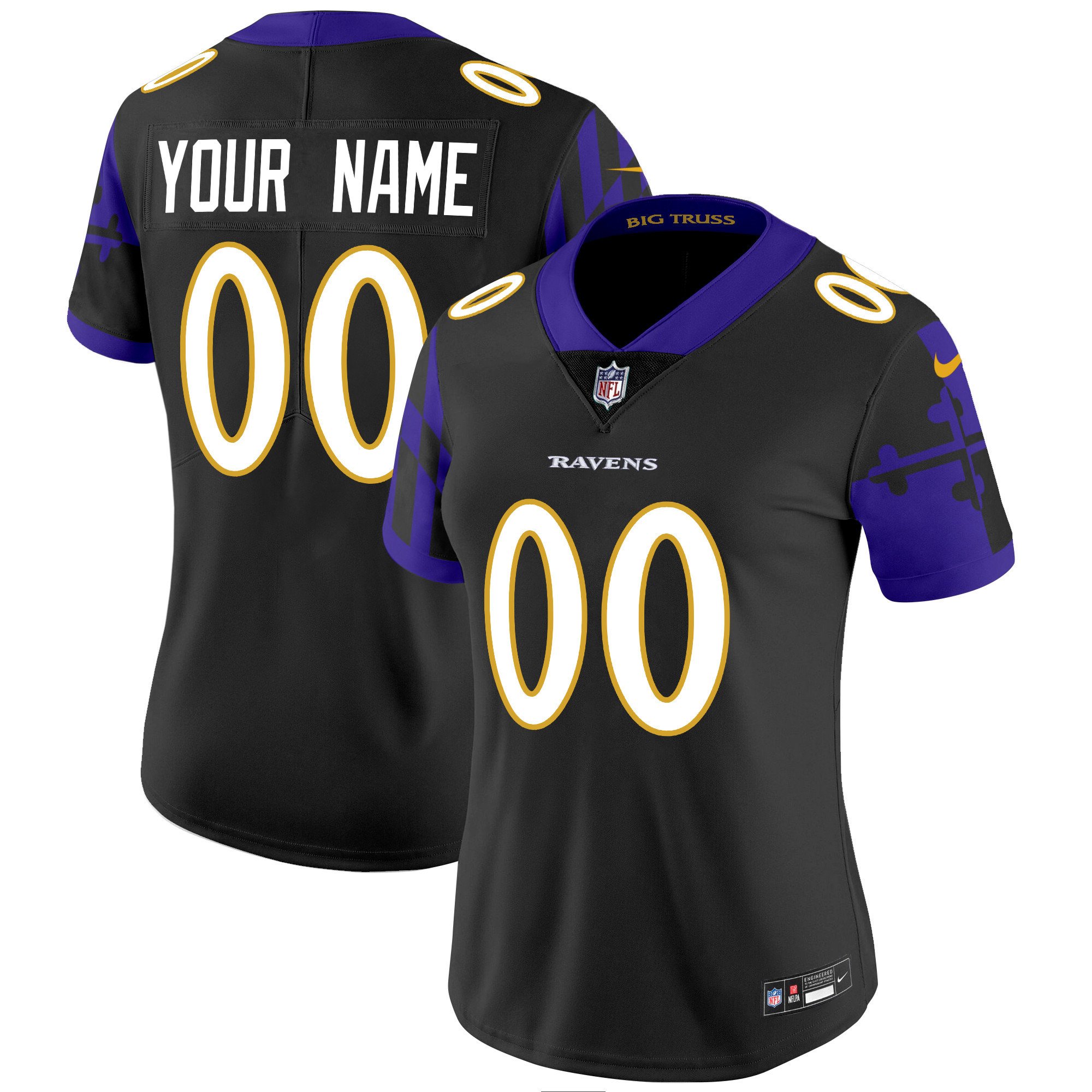 Women's Baltimore Ravens Maryland Flag Vapor Limited Custom Black Jersey - All Stitched