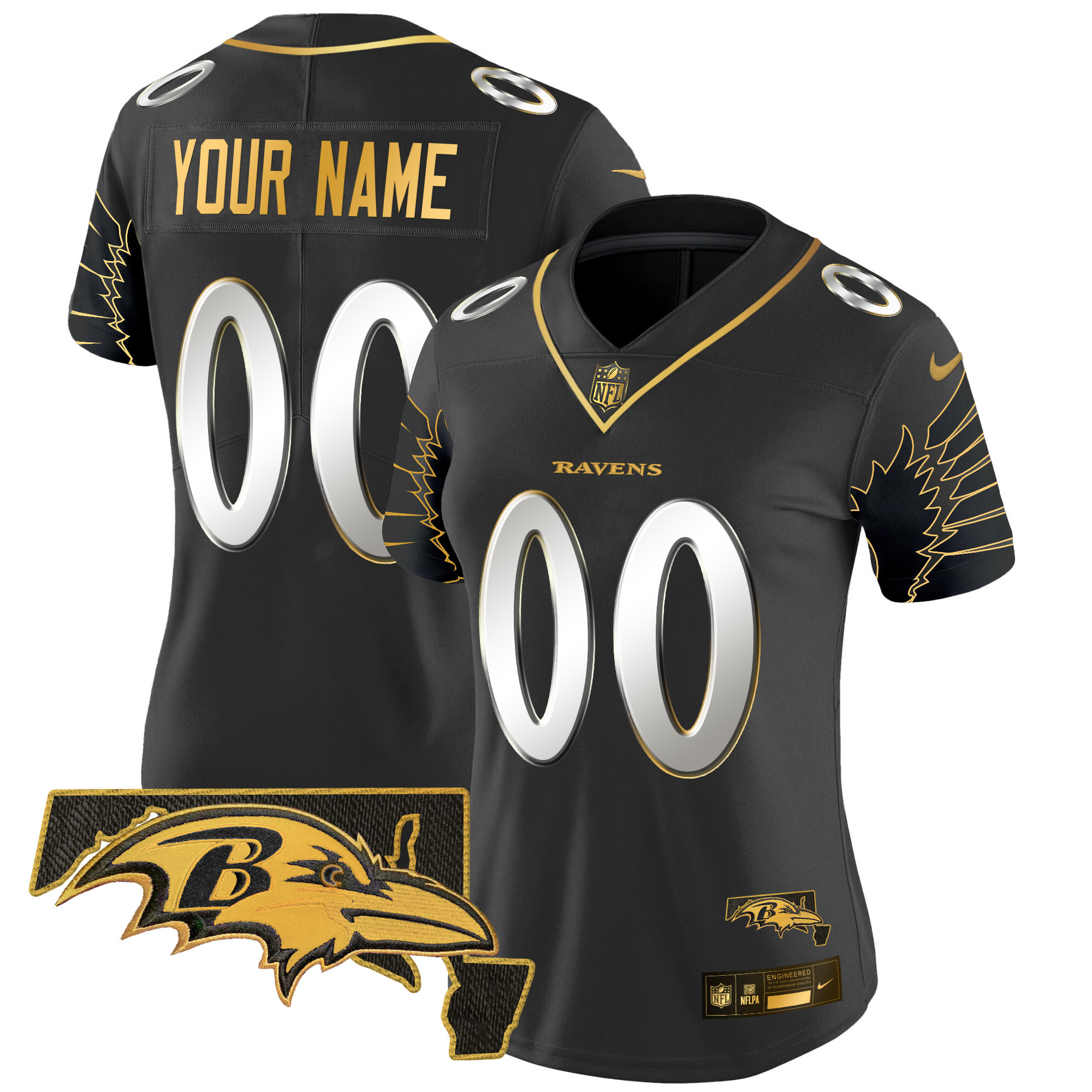 Women's Baltimore Ravens Maryland Patch Gold Vapor Limited Custom Black Limited Jersey - All Stitched
