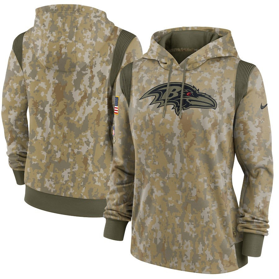 Women’s Baltimore Ravens Nike Olive 2021 Salute To Service Therma Performance Pullover Hoodie