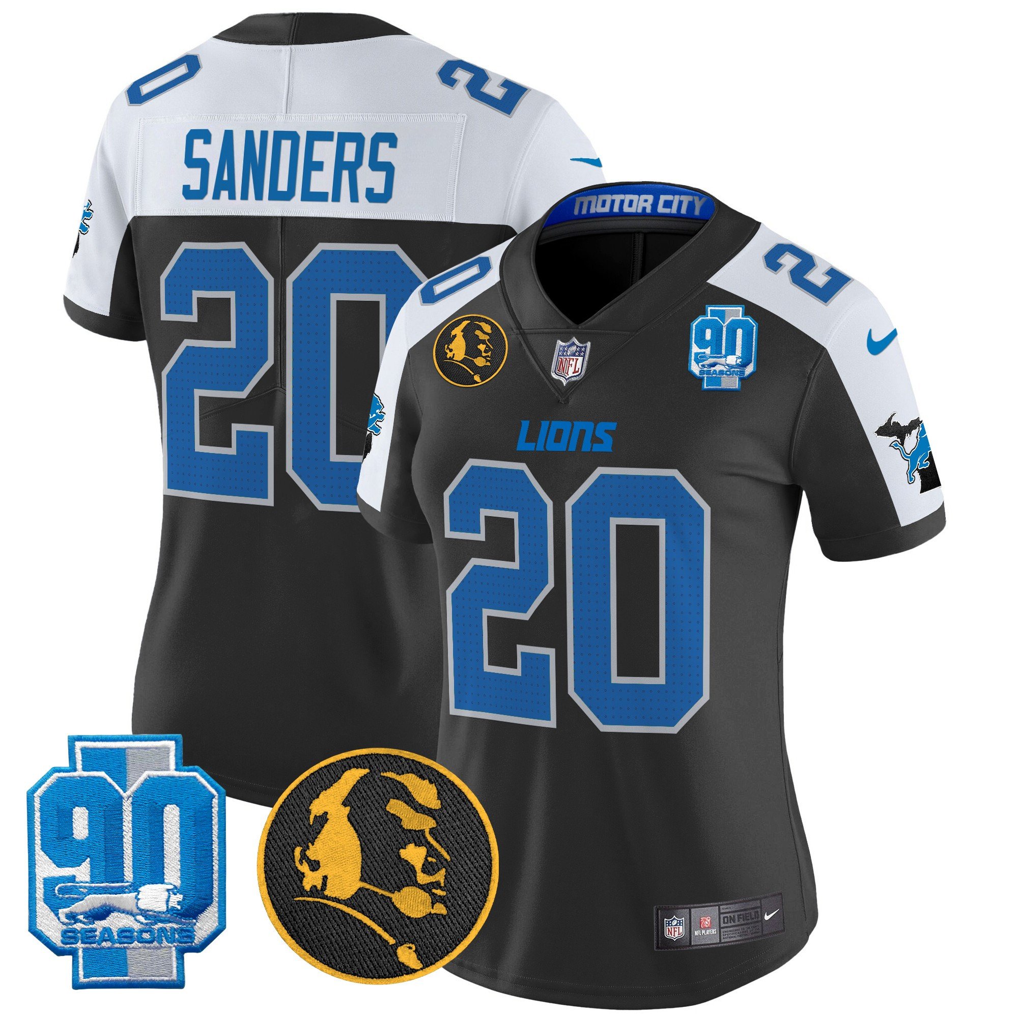 Women's Barry Sanders Detroit Lions 2024 90th & John Madden Patch Vapor Limited Black Alternate Jersey - All Stitched