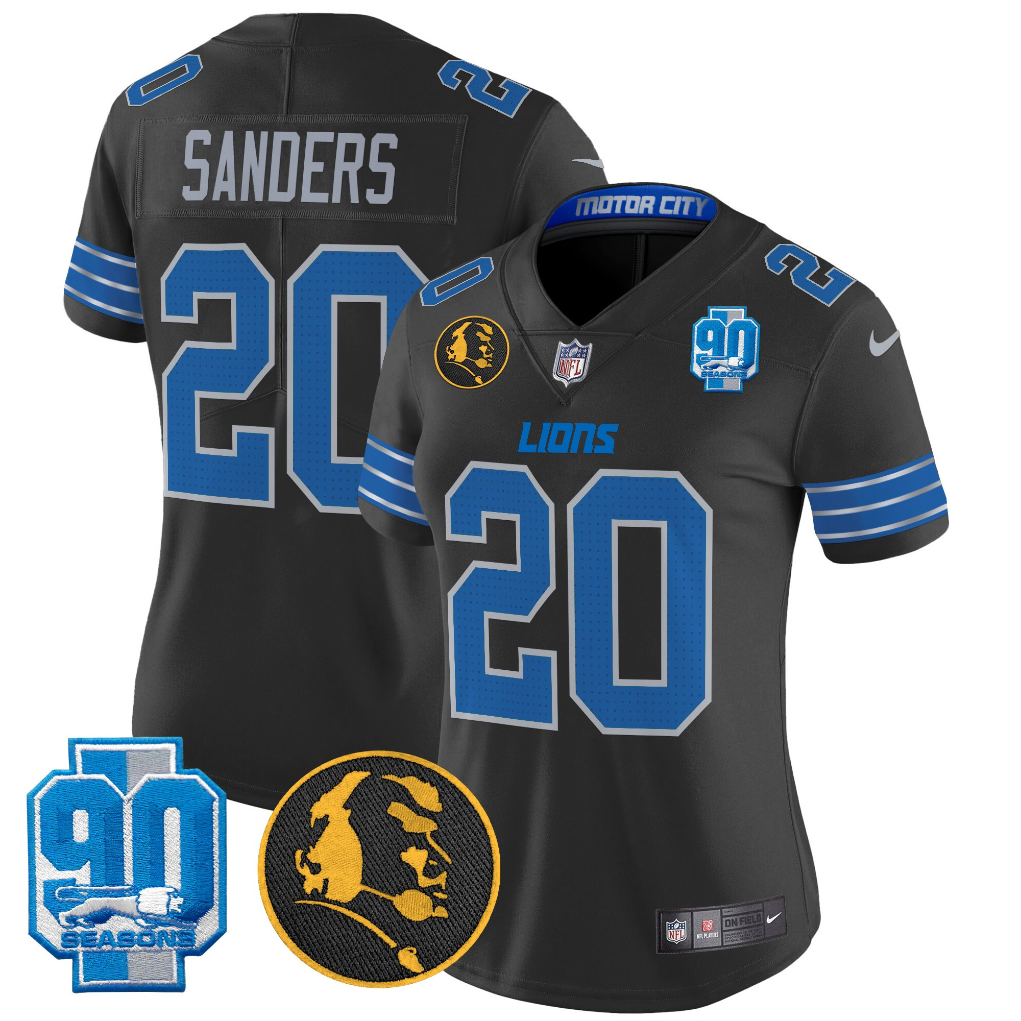 Women's Barry Sanders Detroit Lions 2024 90th & John Madden Patch Vapor Limited Black Jersey - All Stitched