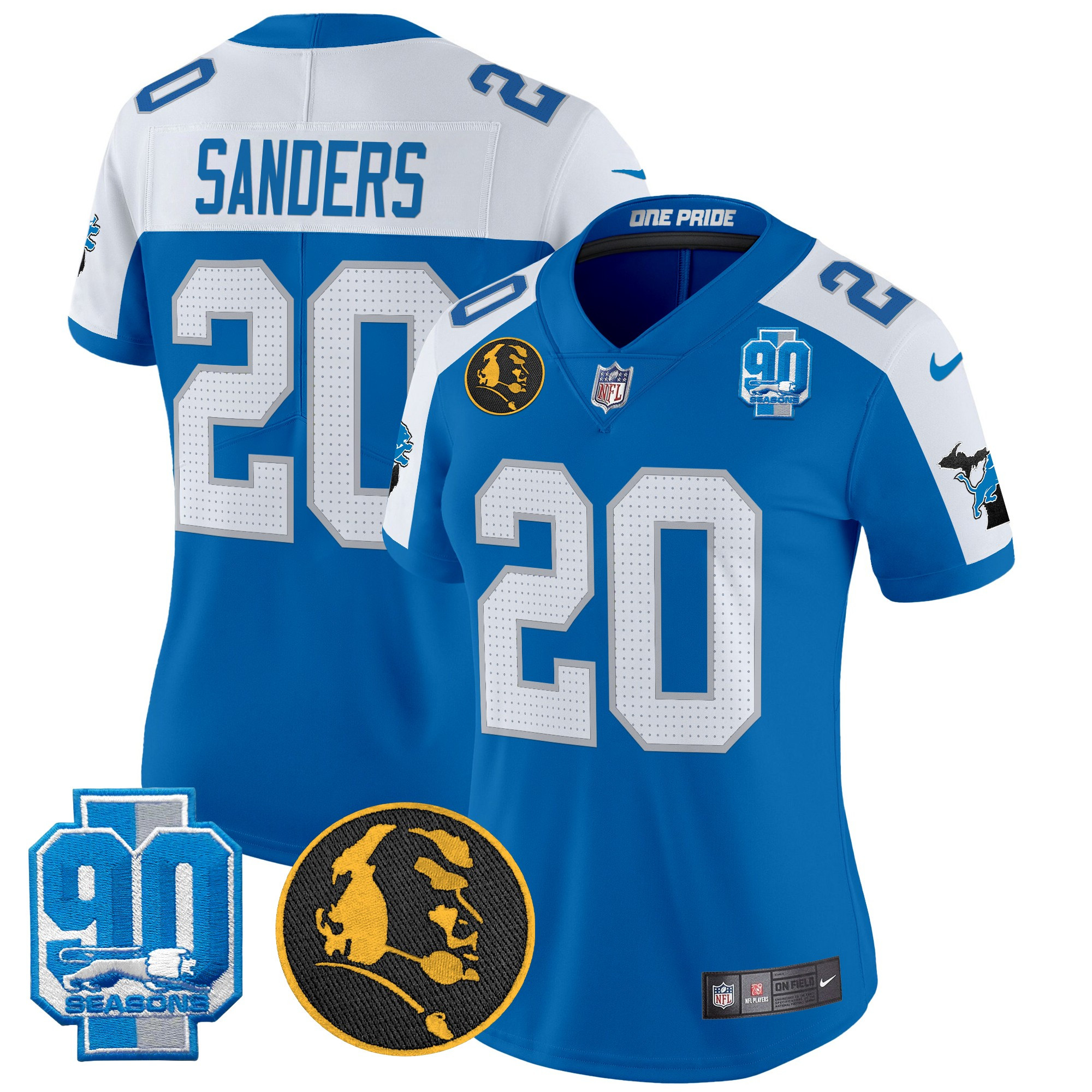 Women's Barry Sanders Detroit Lions 2024 90th & John Madden Patch Vapor Limited Blue Alternate Jersey - All Stitched