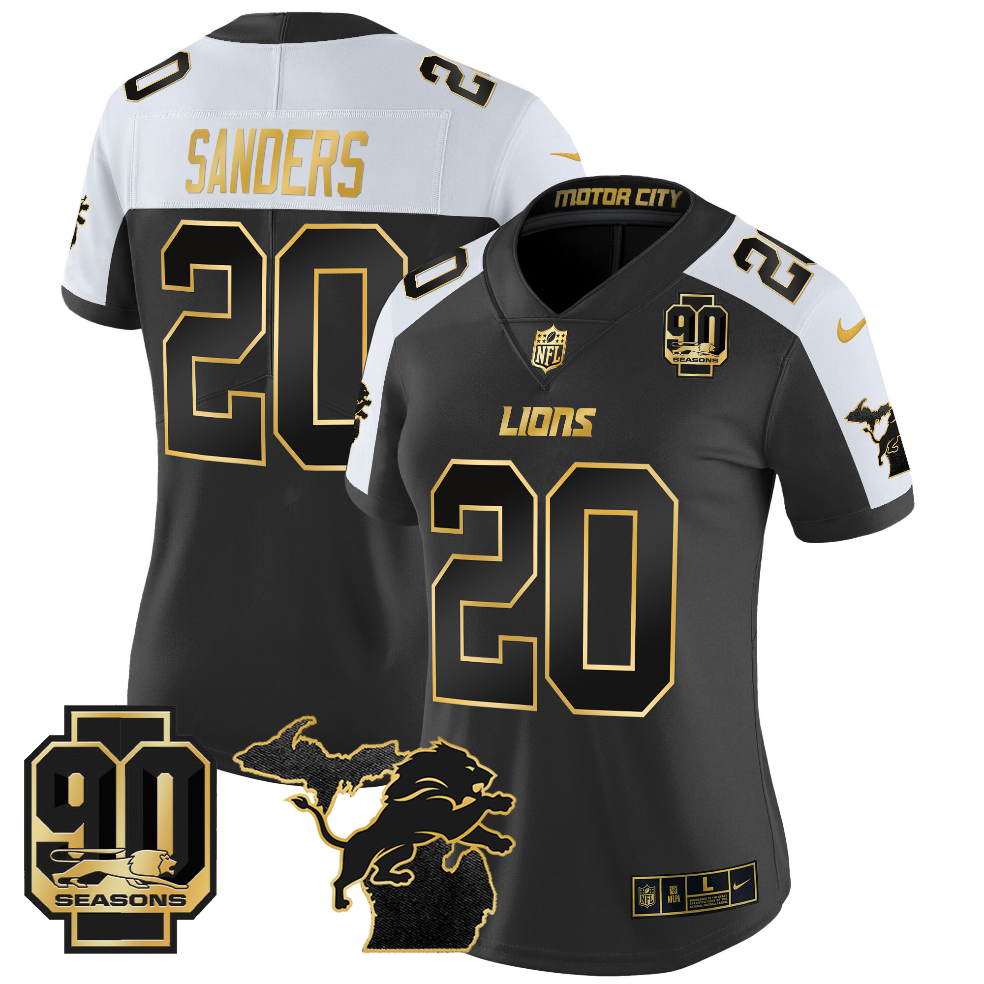 Women's Barry Sanders Detroit Lions 2024 Michigan & 90th Year Patch Gold Vapor Limited Alternate Jersey - All Stitched
